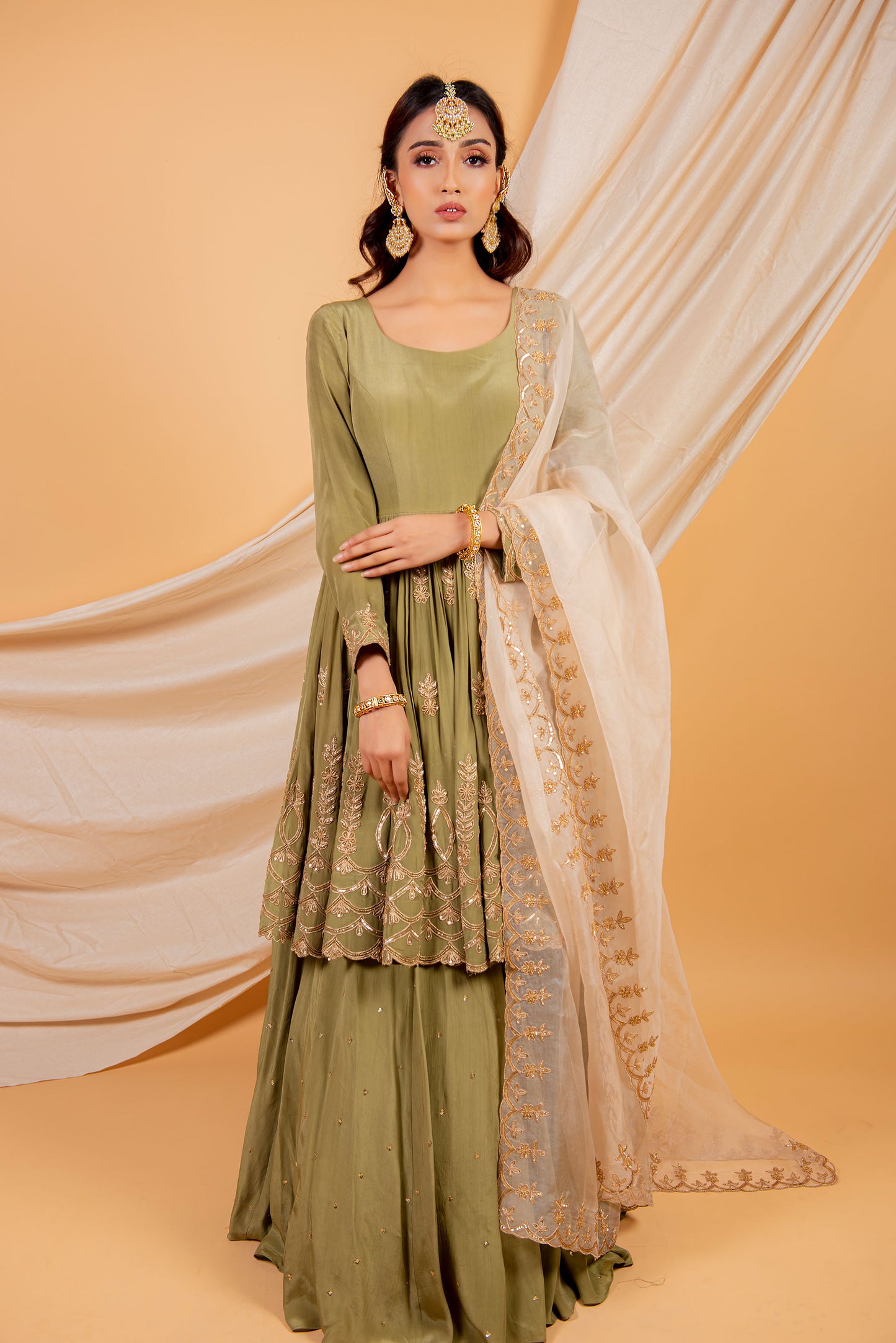 Mint Green Floral Embroidered Kurta Lehenga Set