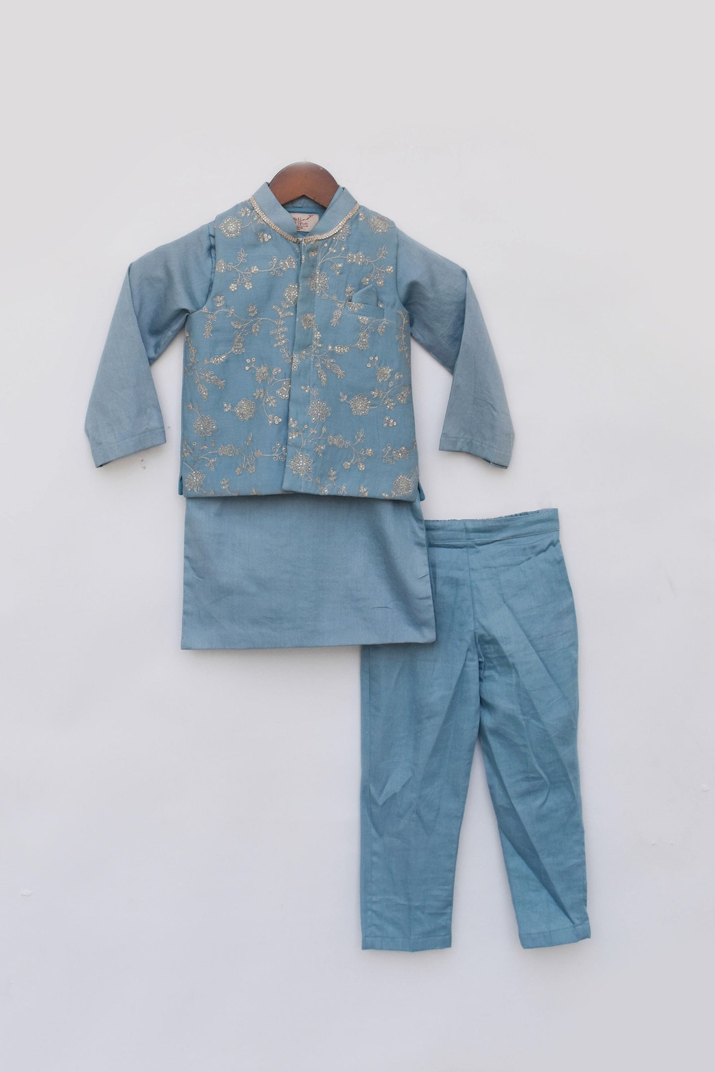 Blue Embroidered Nehru Jacket with Kurta and Pant