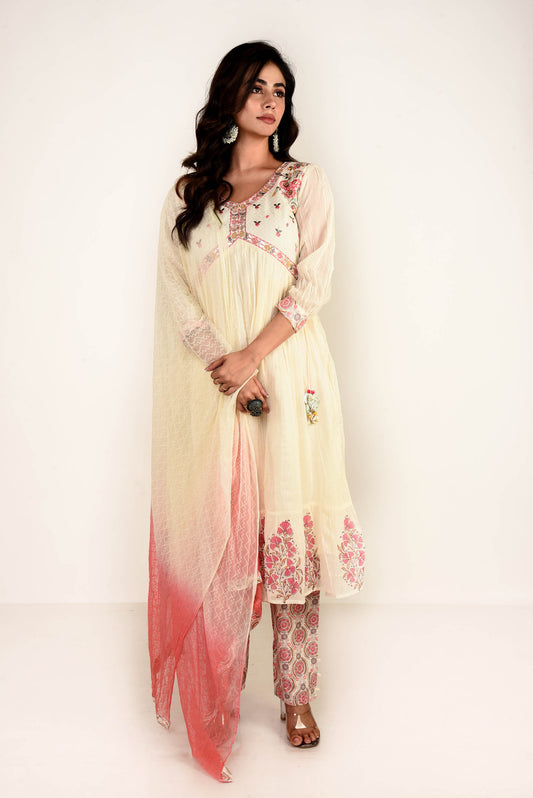 Off White Kora Mul Mul Embroidered kurta