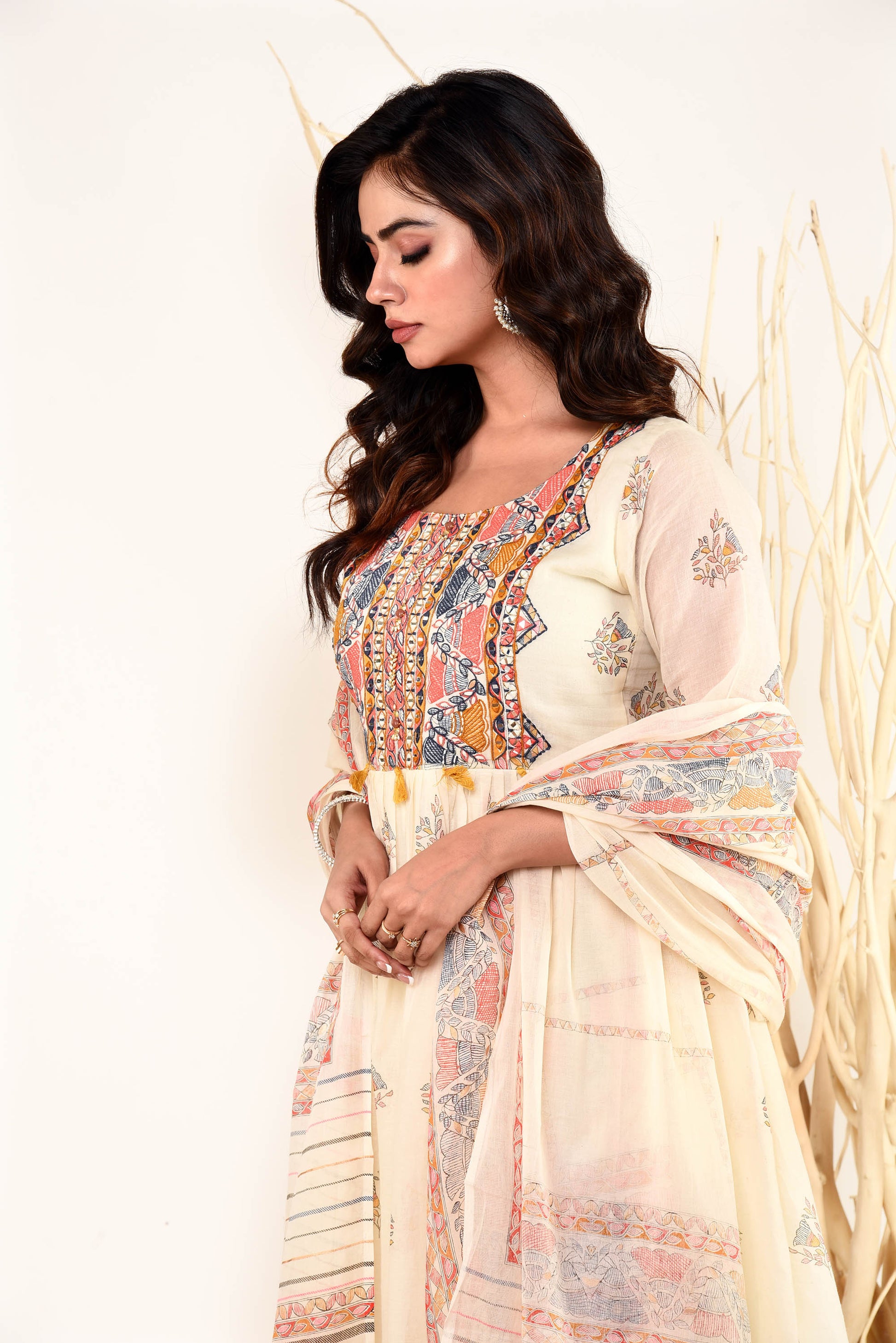 Off White Mul Mul Cotton Embroidered kurta with Straight Pants