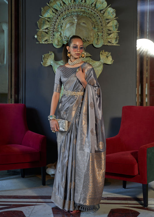 Silver Kelsey Nylon Pure Satin Handloom Saree