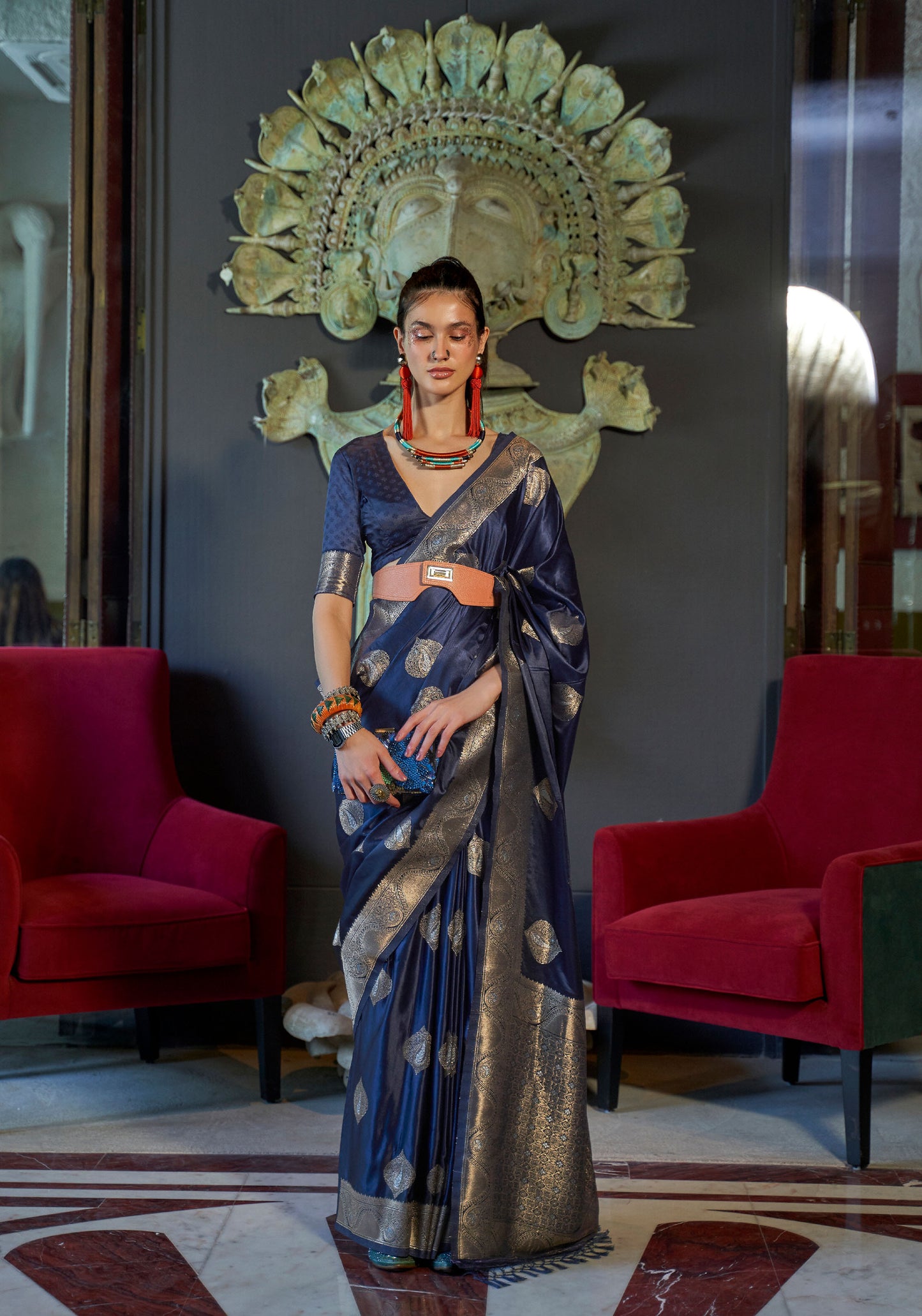 Navy Blue Kelsey Nylon Pure Satin Handloom Saree