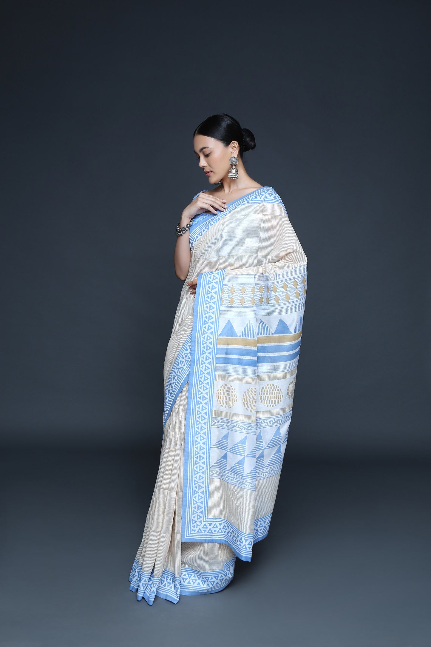 Geometric Block Print Saree Set