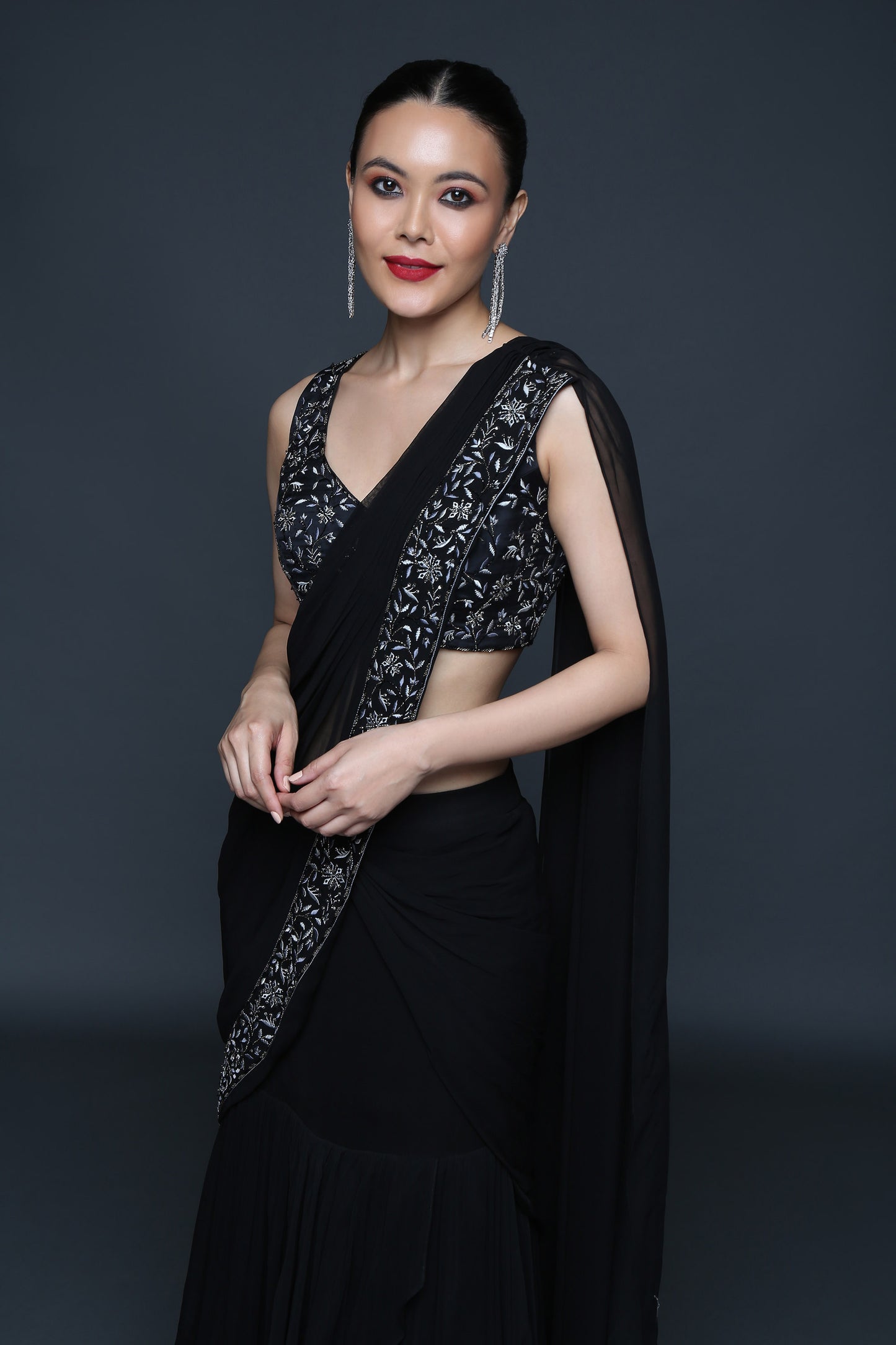 Black Pre Draped Ruffle Saree - Sanjeev Marwaaha