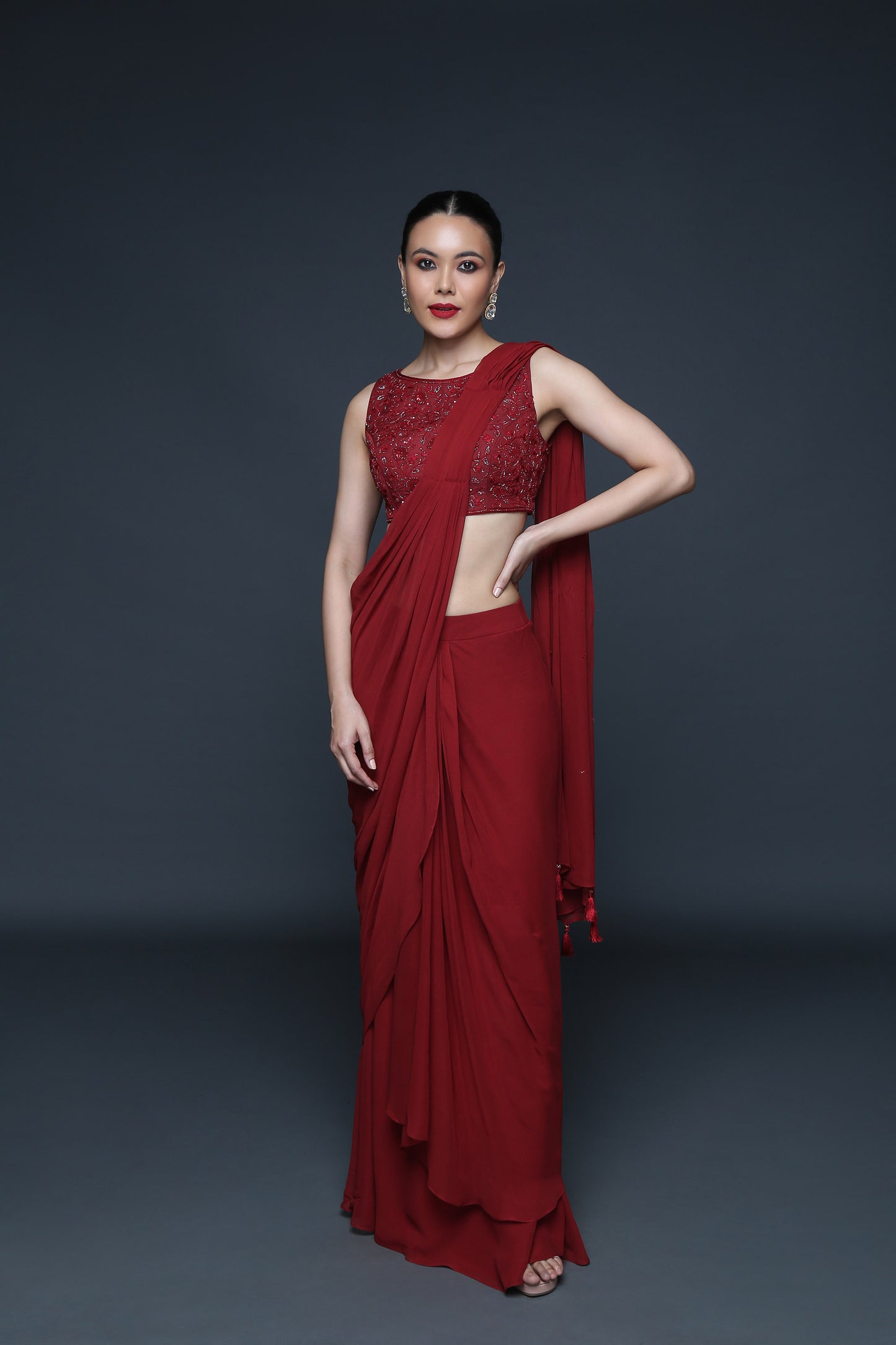 Mineral Red Pre Drape Saree - Sanjeev Marwaaha