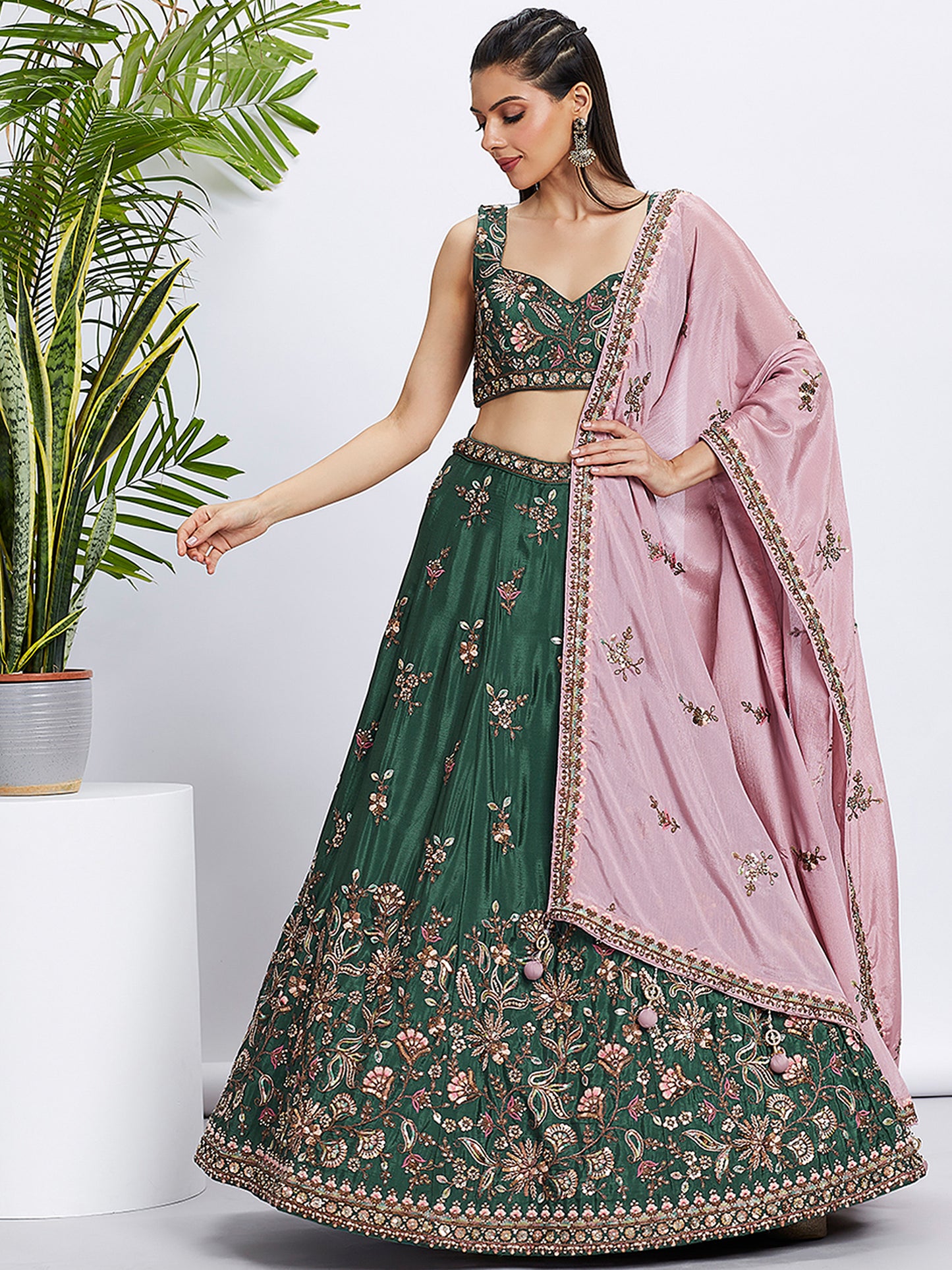 Green Pure Chiffon Sequins and thread embroidery Lehenga choli & Dupatta