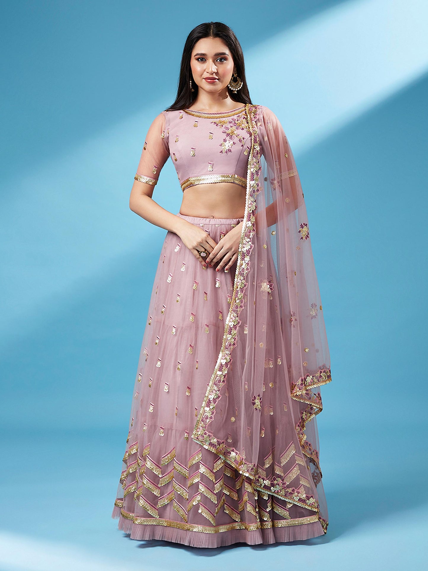 Rose Gold Net Semi Stitched Thread and Sequins work Lehenga Choli