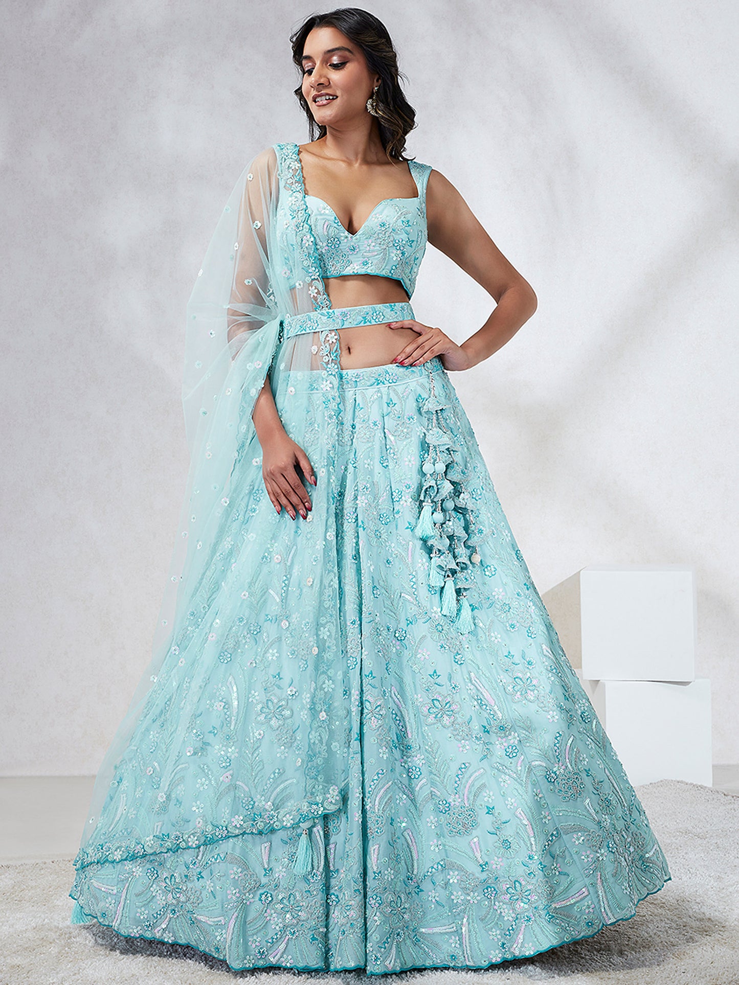 Turquoise Blue Georgette Sequins and thread embroidery Lehenga