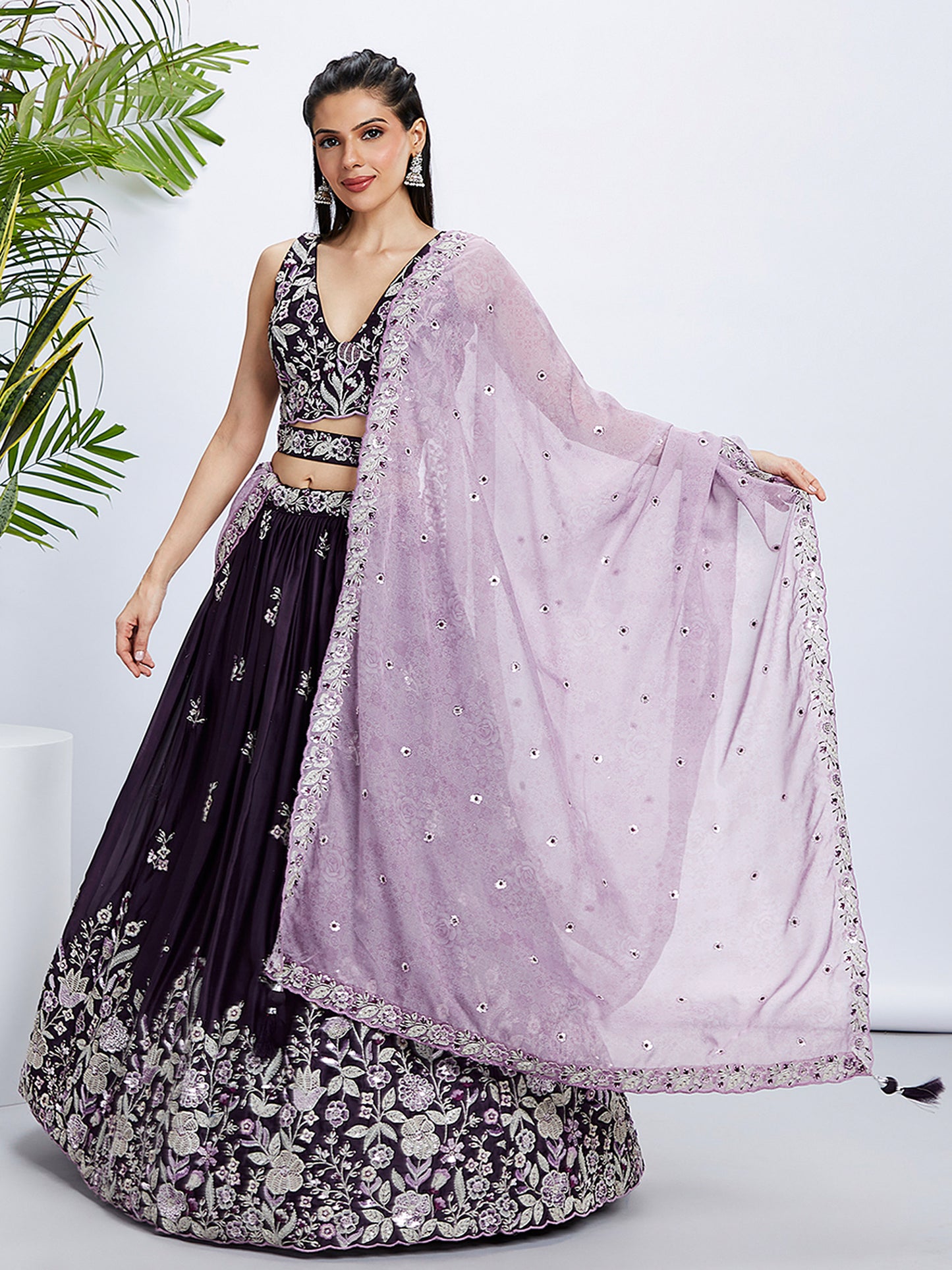 Purple Pure Georgette Sequins and thread embroidery Lehenga