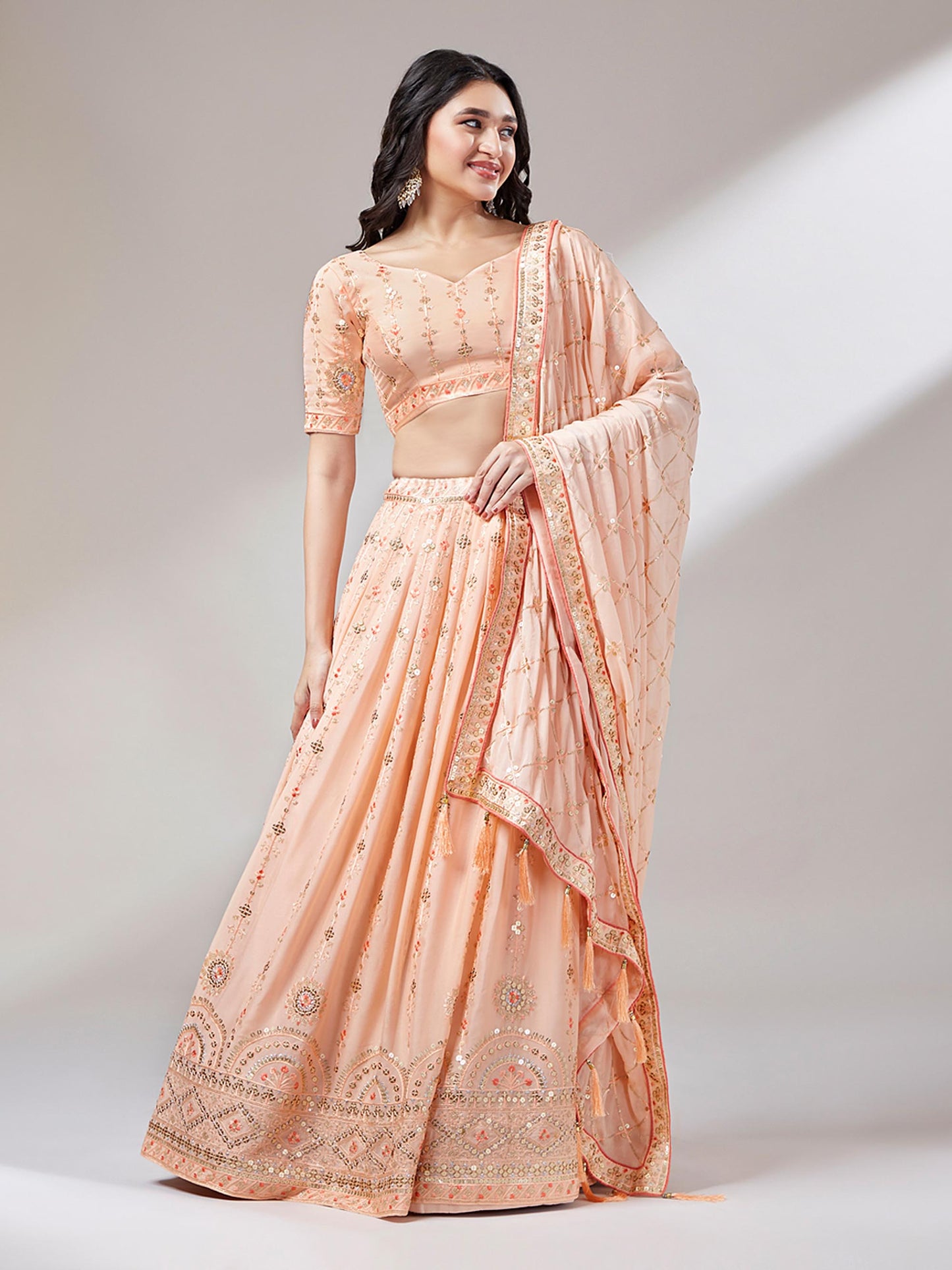 Women Peach Pure Georgette Embroidered Semi-Stitched Lehenga & Unstitched Blouse Dupatta