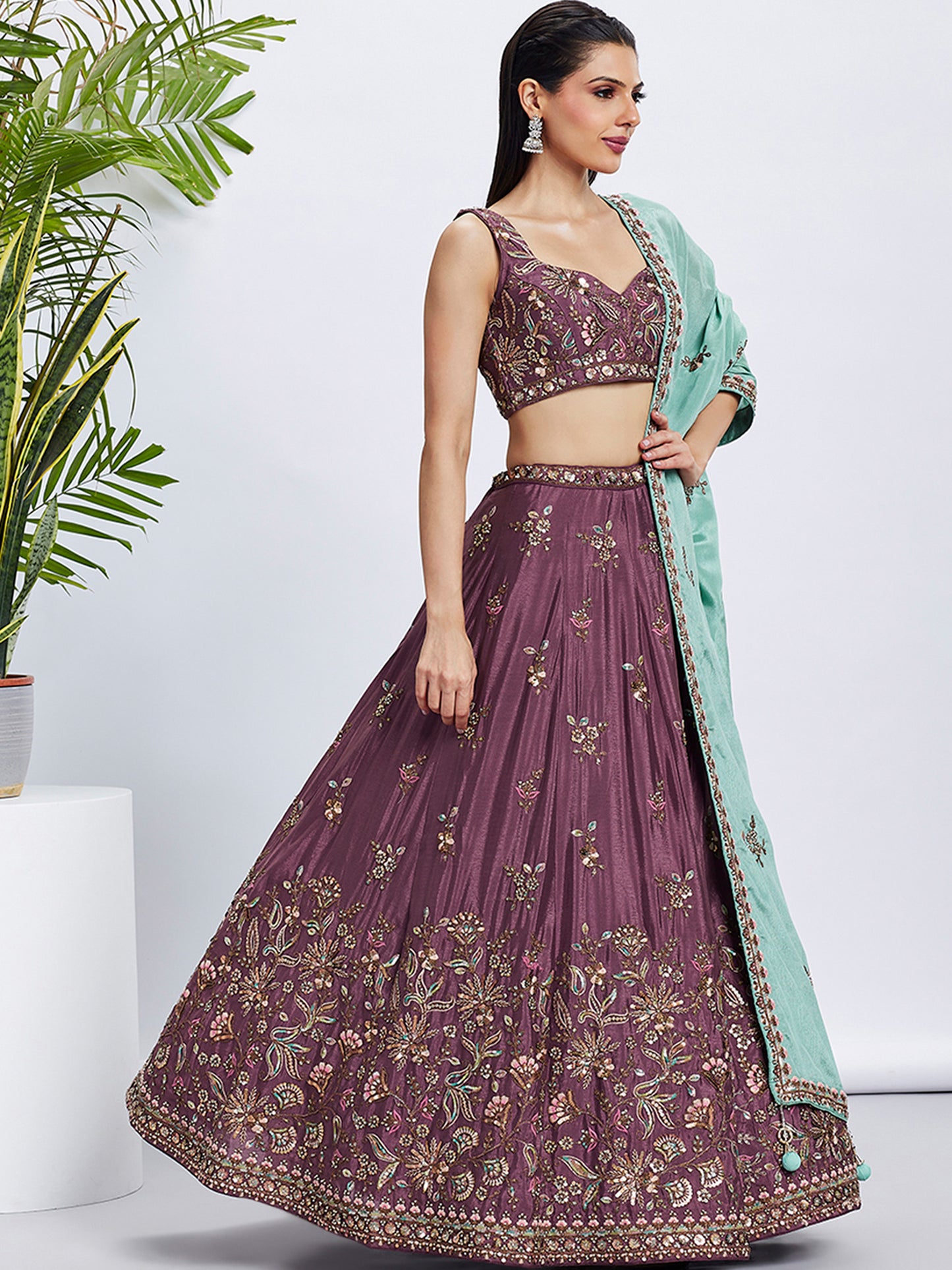 Rose gold Pure Chiffon Sequins and thread embroidery Lehenga choli & Dupatta