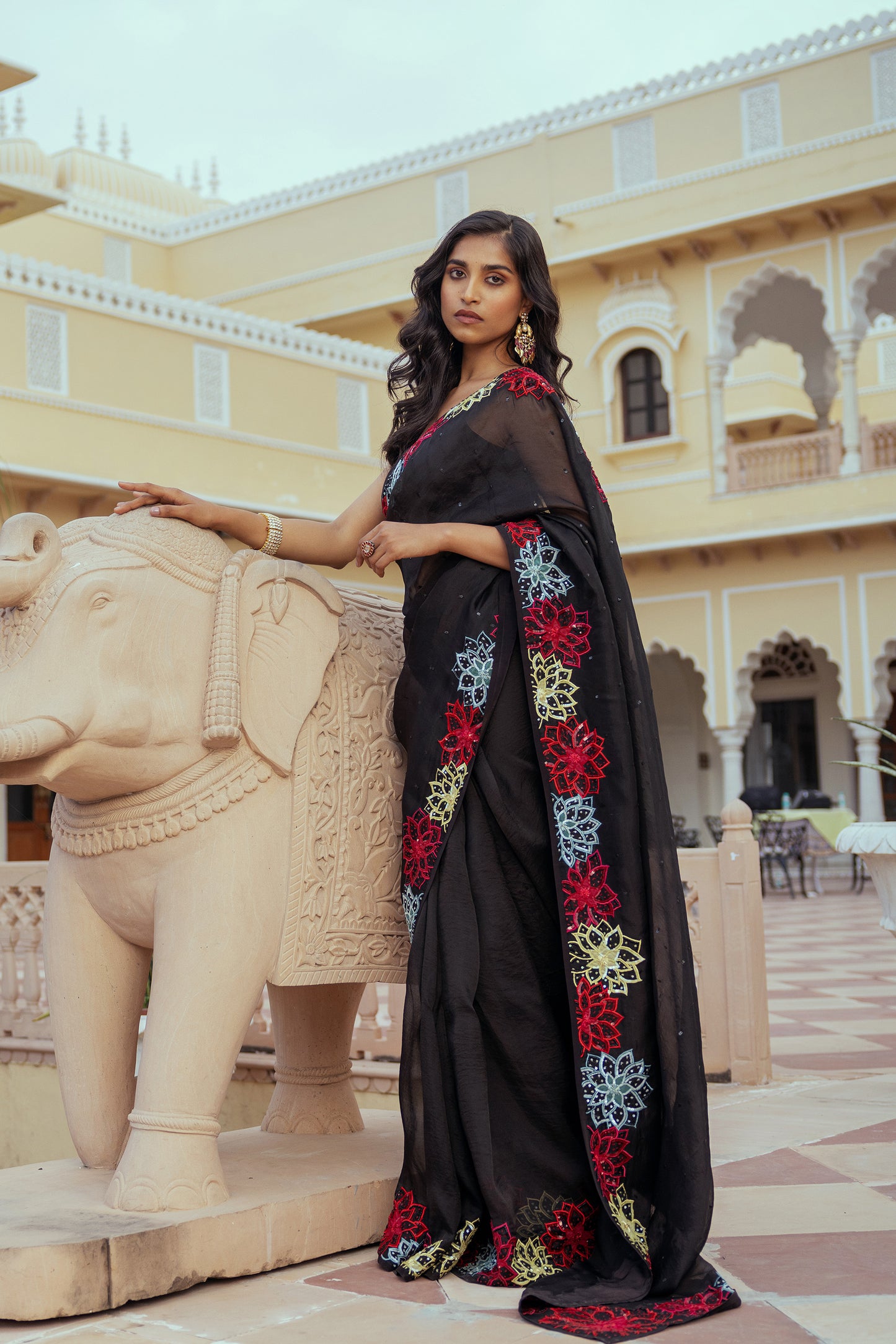 Nova Black Organza Silk Ajooba Saree Set