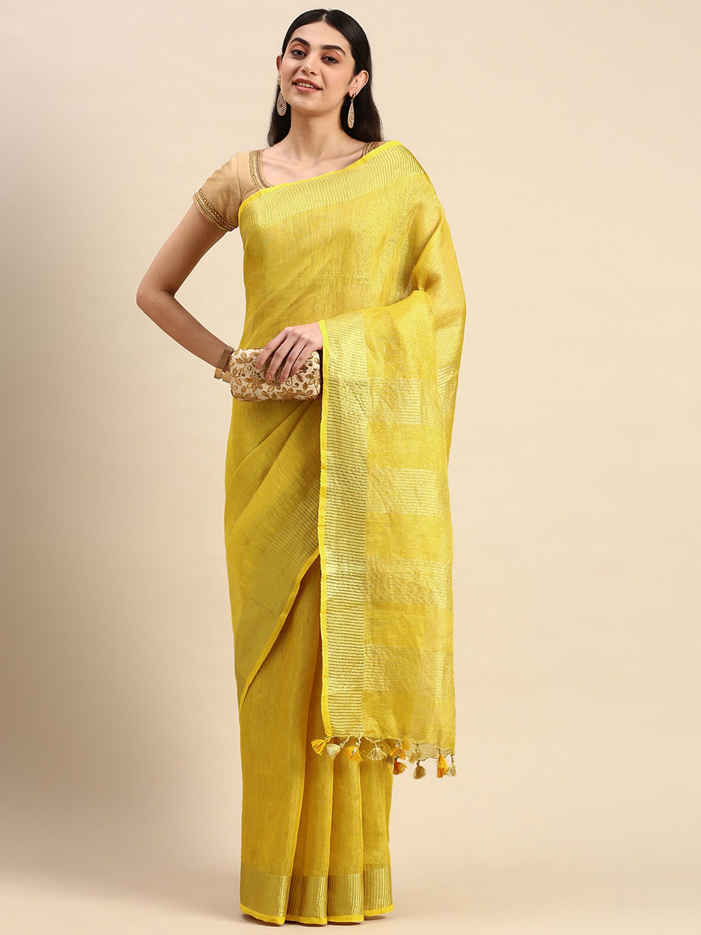 Golden tissue linen powerloom saree