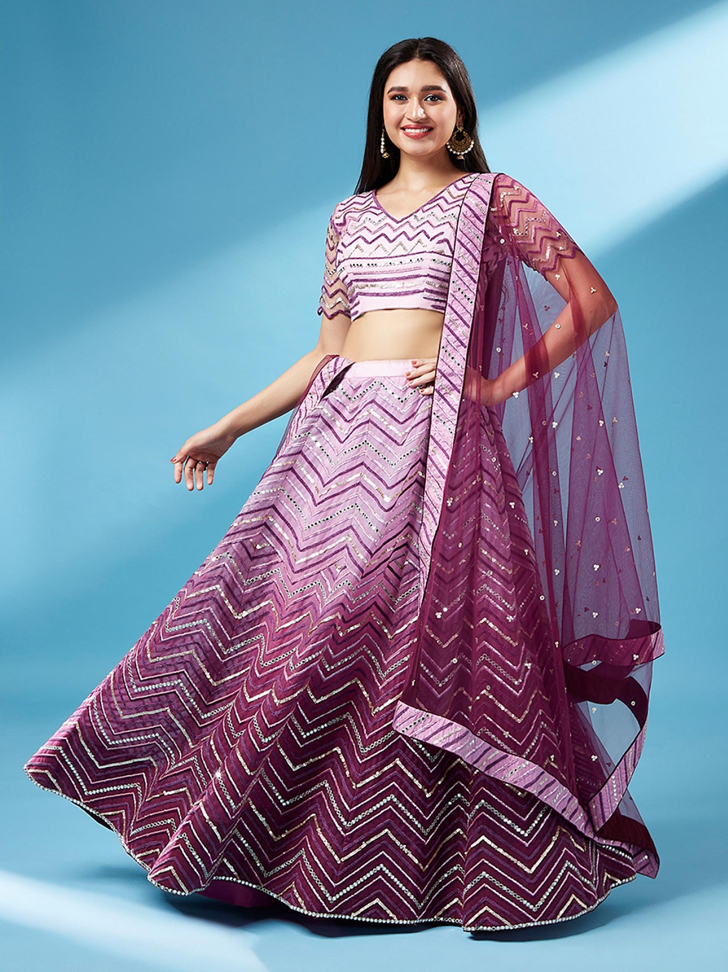 Women Lavender Net Zig-Zag Embroideried Semi-Stitched Lehenga, Unstitched Blouse & Dupatta