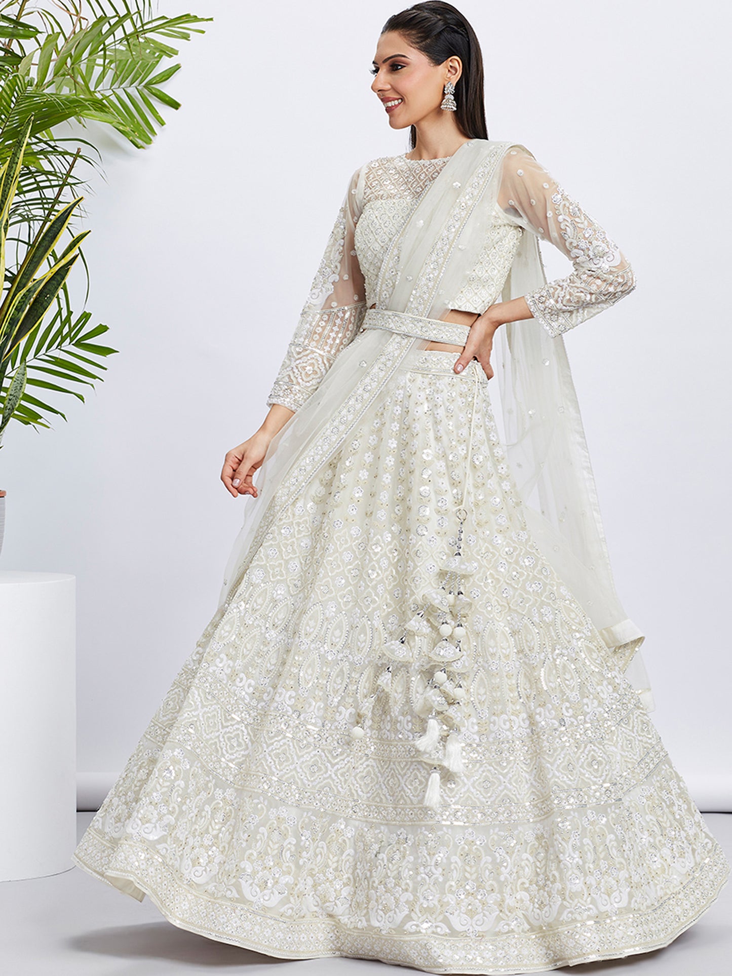 Cream Net Sequins and thread embroidery Lehenga choli