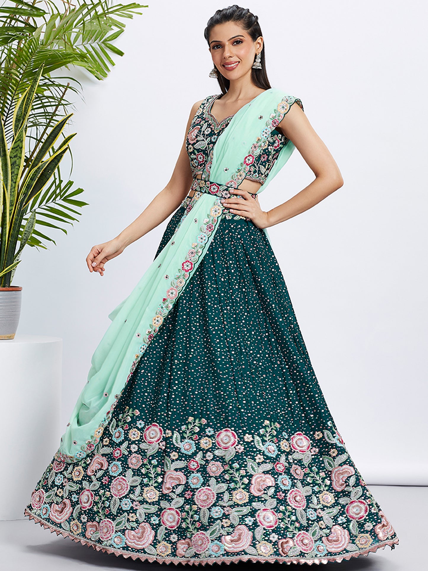 Green Pure Chiffon Sequins and thread embroidery Lehenga choli