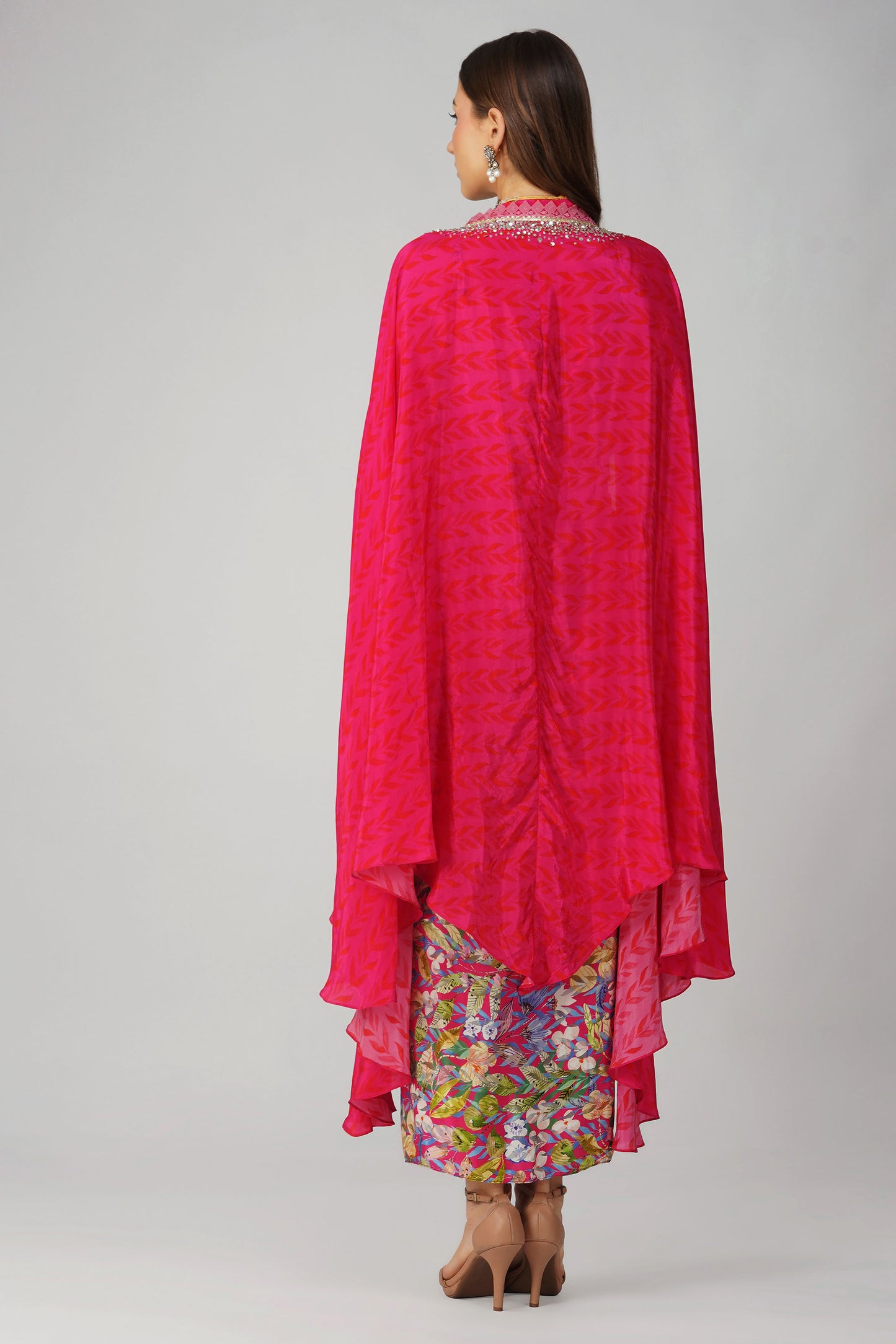 Rani Pink Crepe Multi Leaf Print Drape Skirt Set