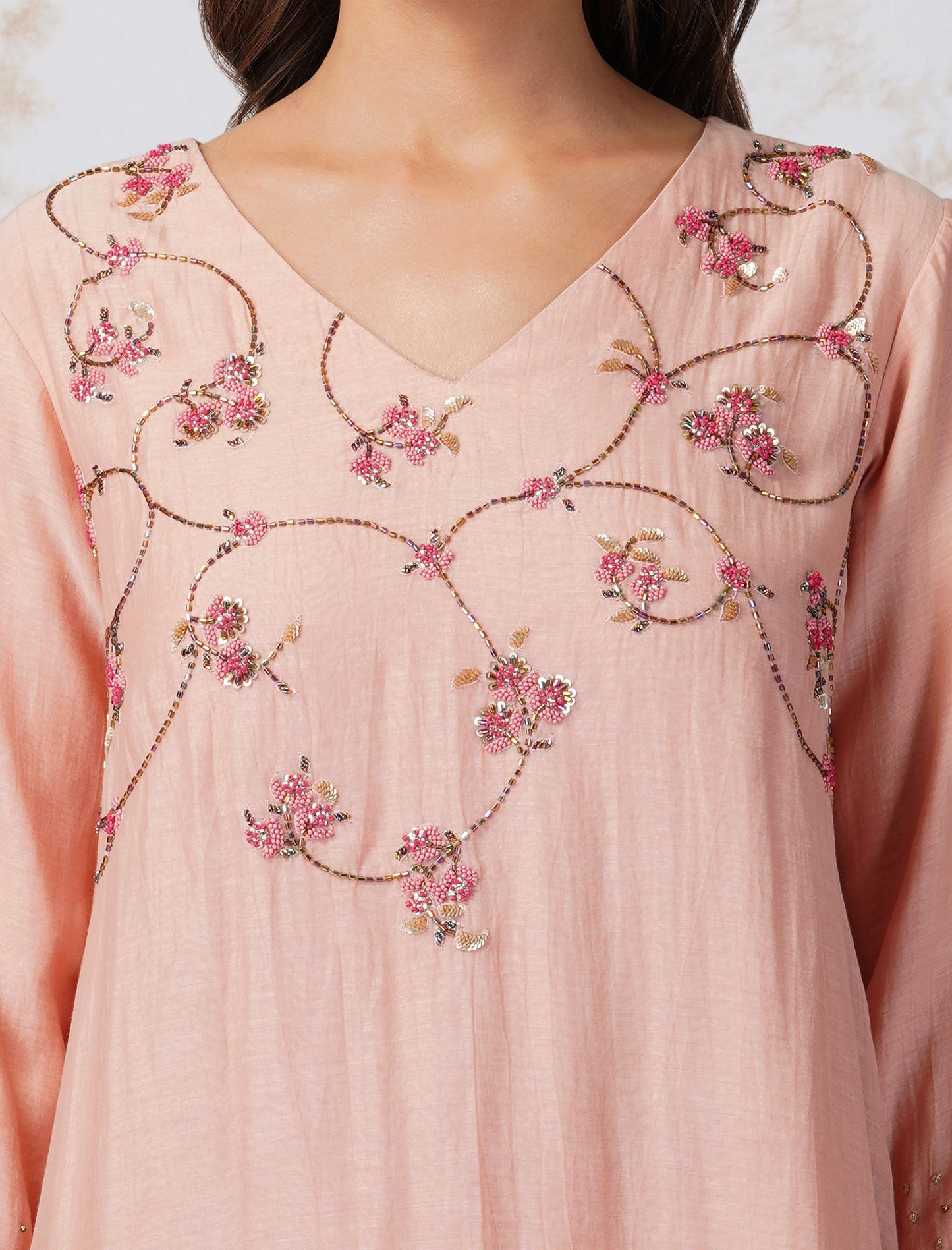 Natural Pink Beaded Flower Asymmetric Kurta Set