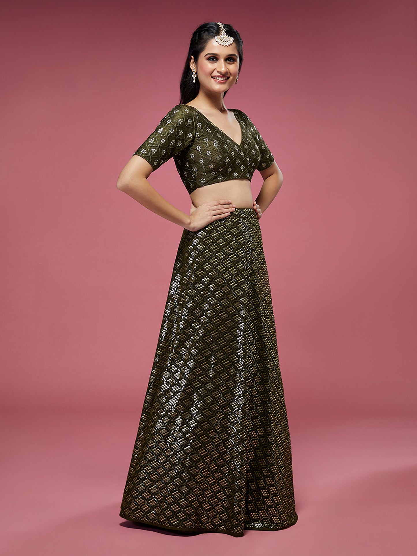 Olive Georgette Sequinse Embroidered Lehenga