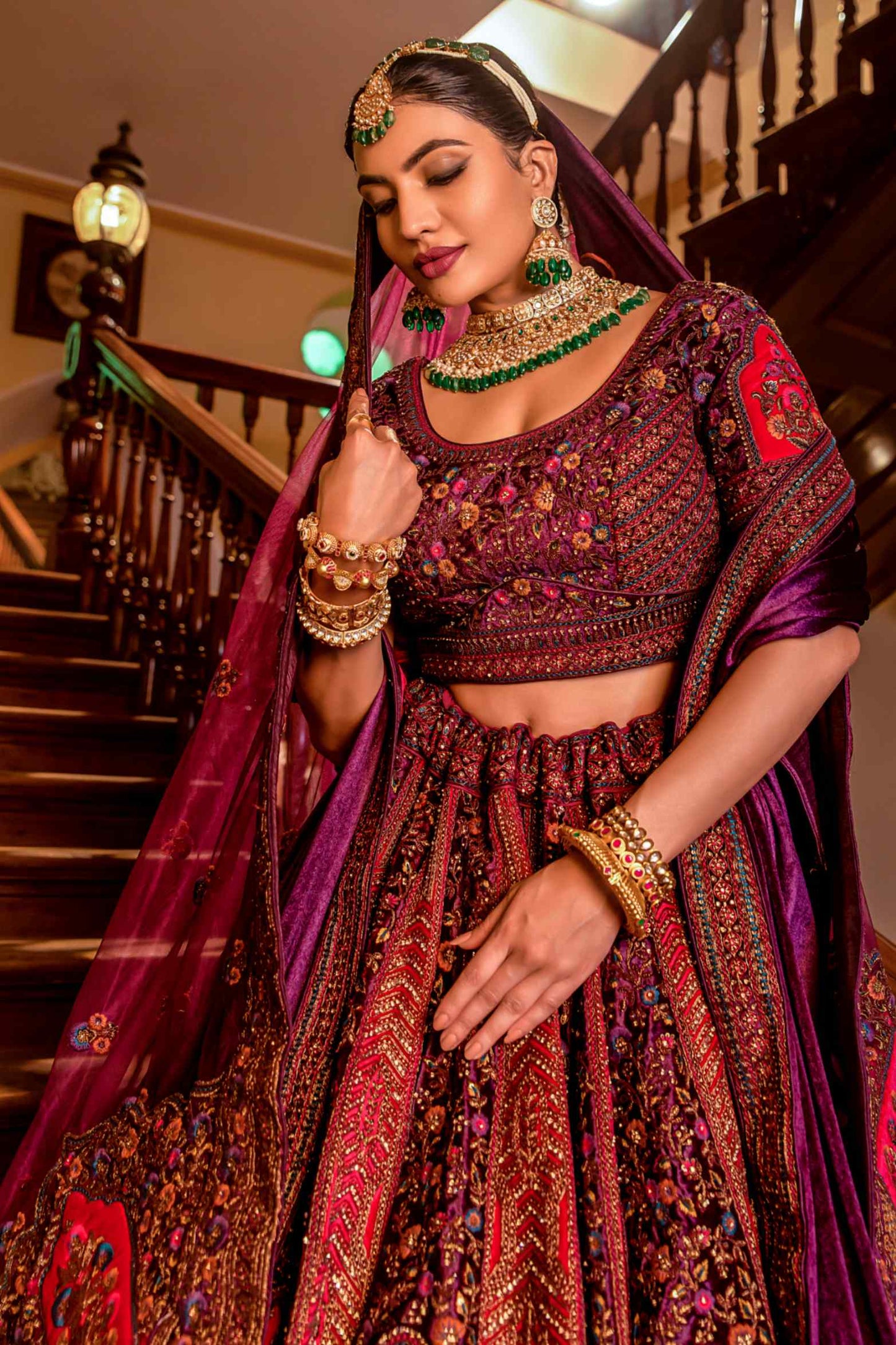 Red Velvet Sequins Embroidered Heavy Indian Bridal lehenga