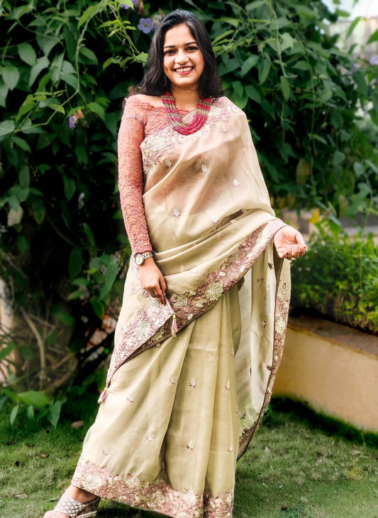 Vogue Olive Green Organza Handloom saree