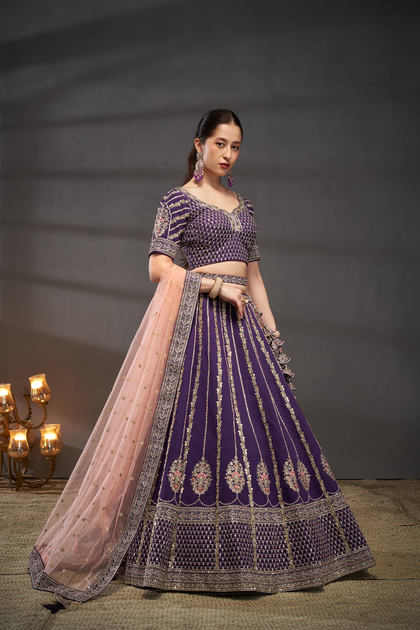 Purple Pure Silk Moti, Zarkan & heavy Sequin embroidery Bridal Lehenga choli