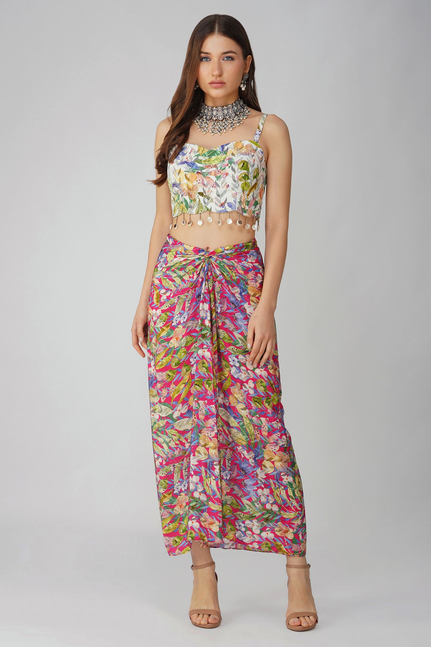 Rani Pink Crepe Multi Leaf Print Drape Skirt Set