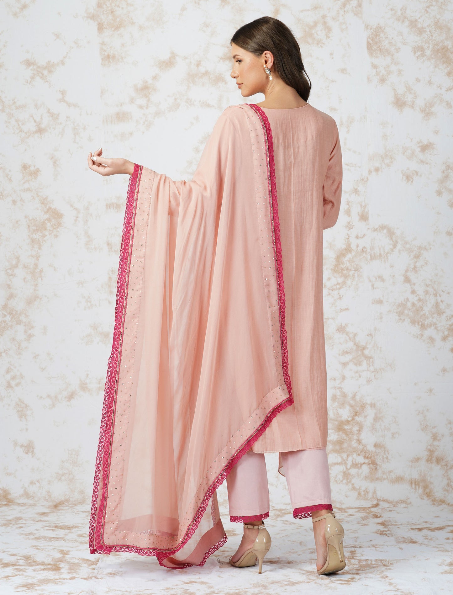 Natural Pink Beaded Flower Asymmetric Kurta Set