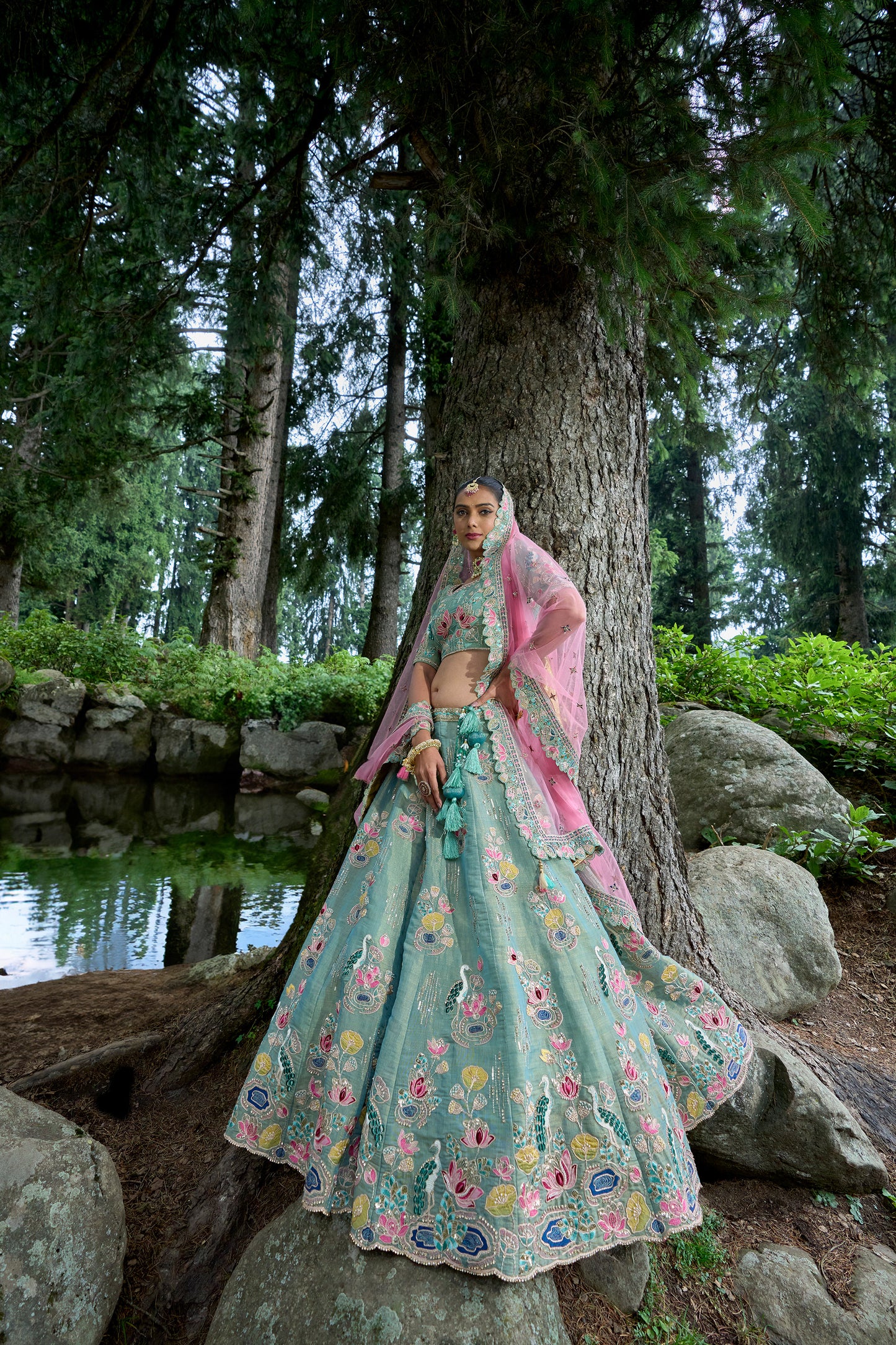 Traditional Green Granite Pure Jari Tissue Circular Lehenga Set with Embroidery, Patchwork, and Handwork