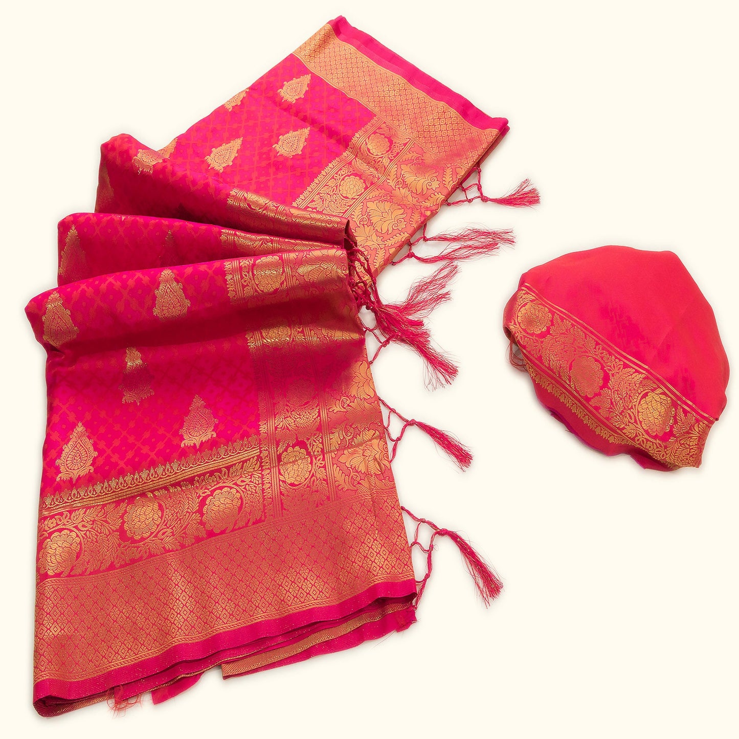 Golden Border Strawberry Pink Silk Saree