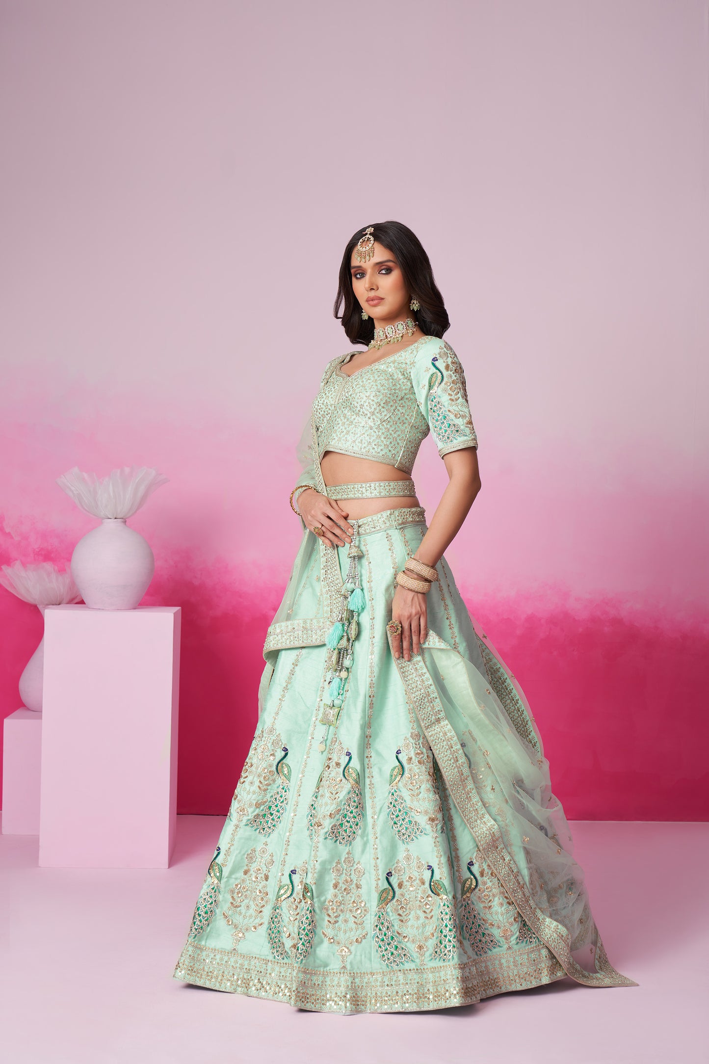 Sea Green Pure silk Sequins embroidery Bridal Lehenga choli