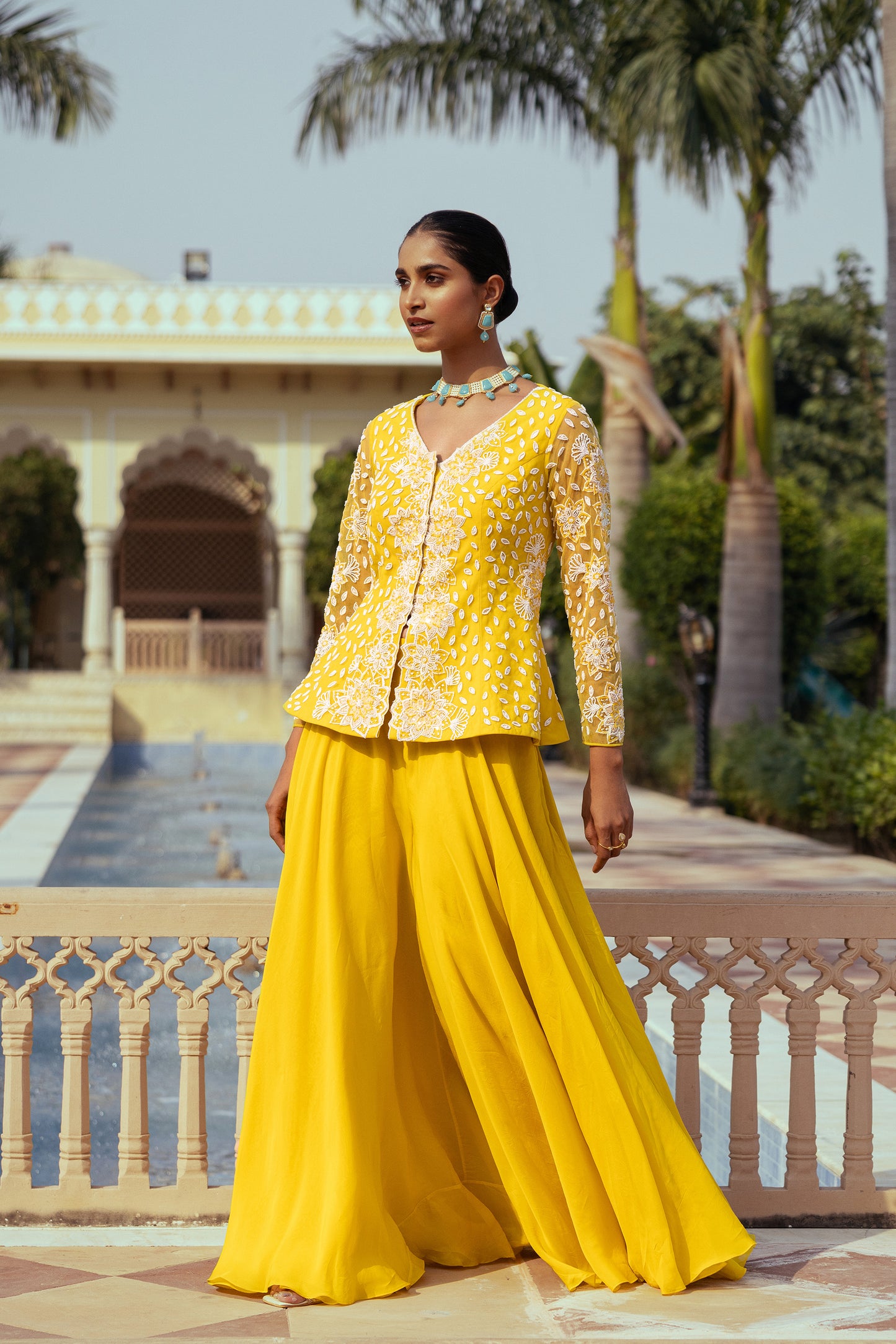 Aria Yellow Net Sequins Embroidered Ajooba Sharara Set