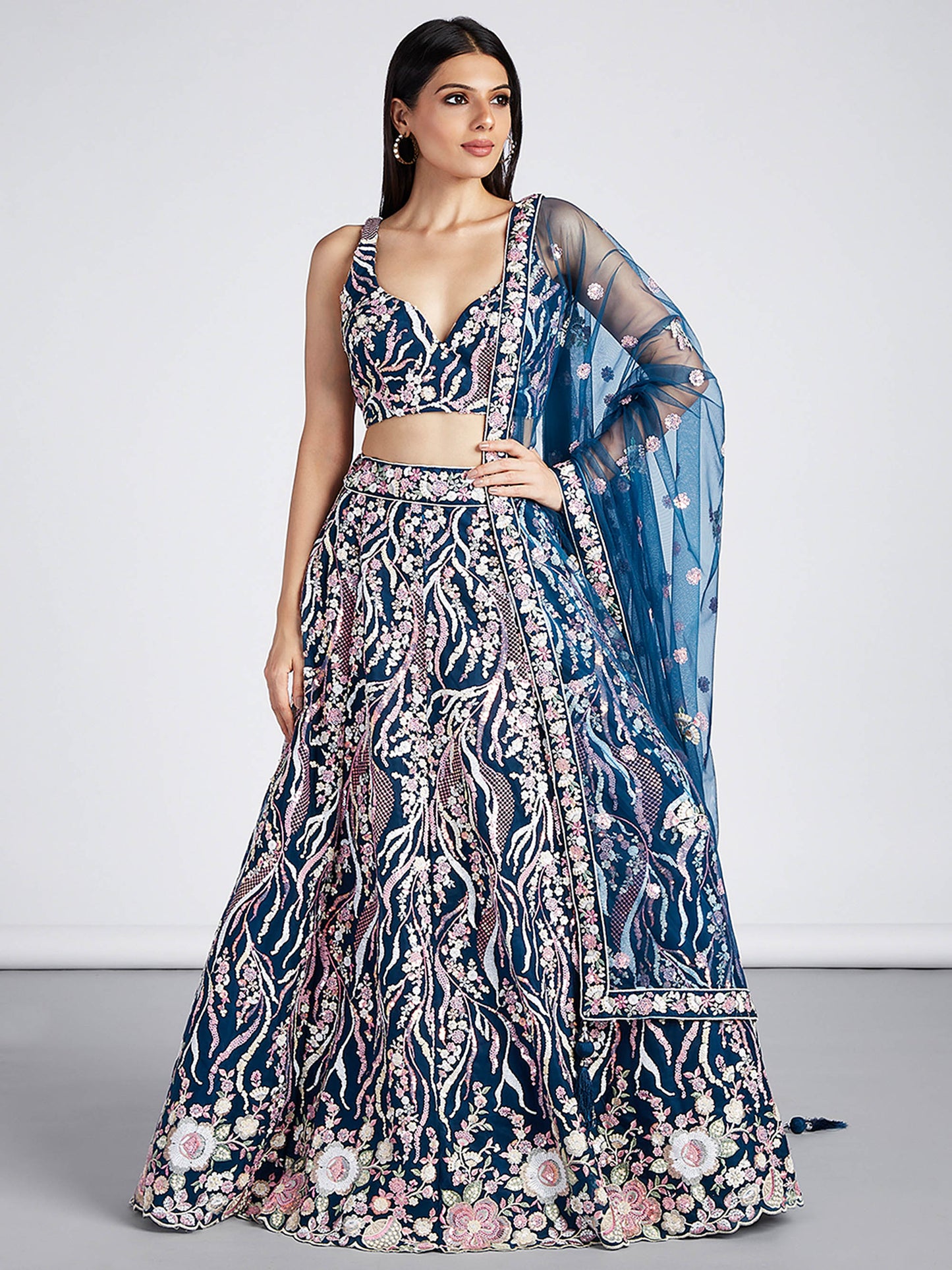 Navy blue Net Sequins and thread embroidery Lehenga choli & Dupatta