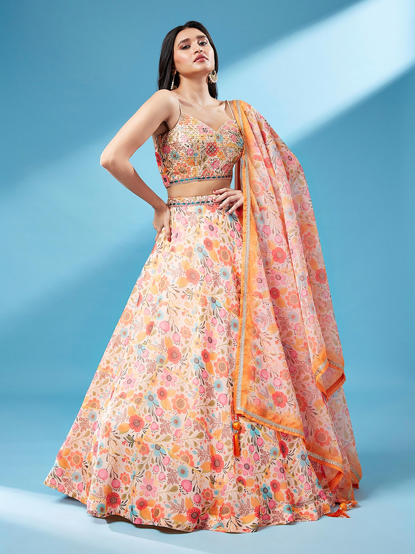 Orange Organza Floral Printed Lehenga choli & Dupatta