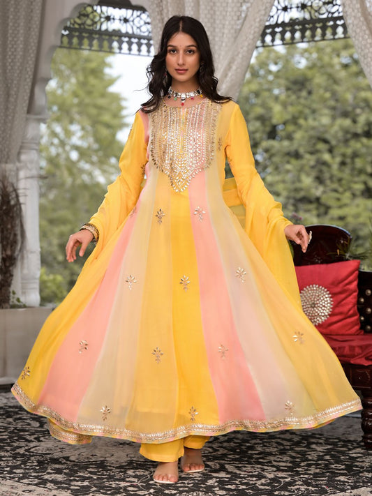 Yellow Gota Patti Embroidered Banarsi Georgette Kurta Set with Organza Dupatta