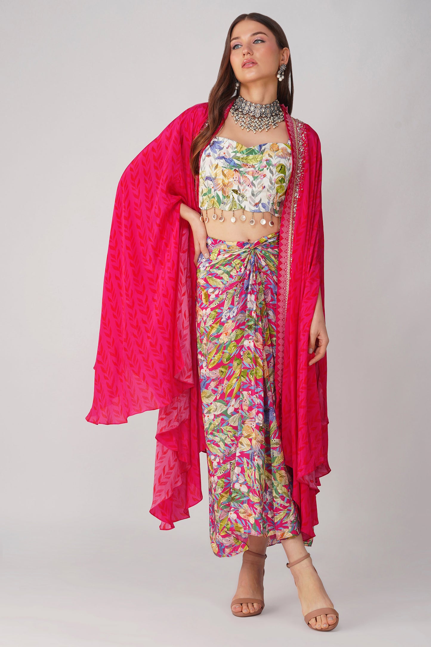 Rani Pink Crepe Multi Leaf Print Drape Skirt Set