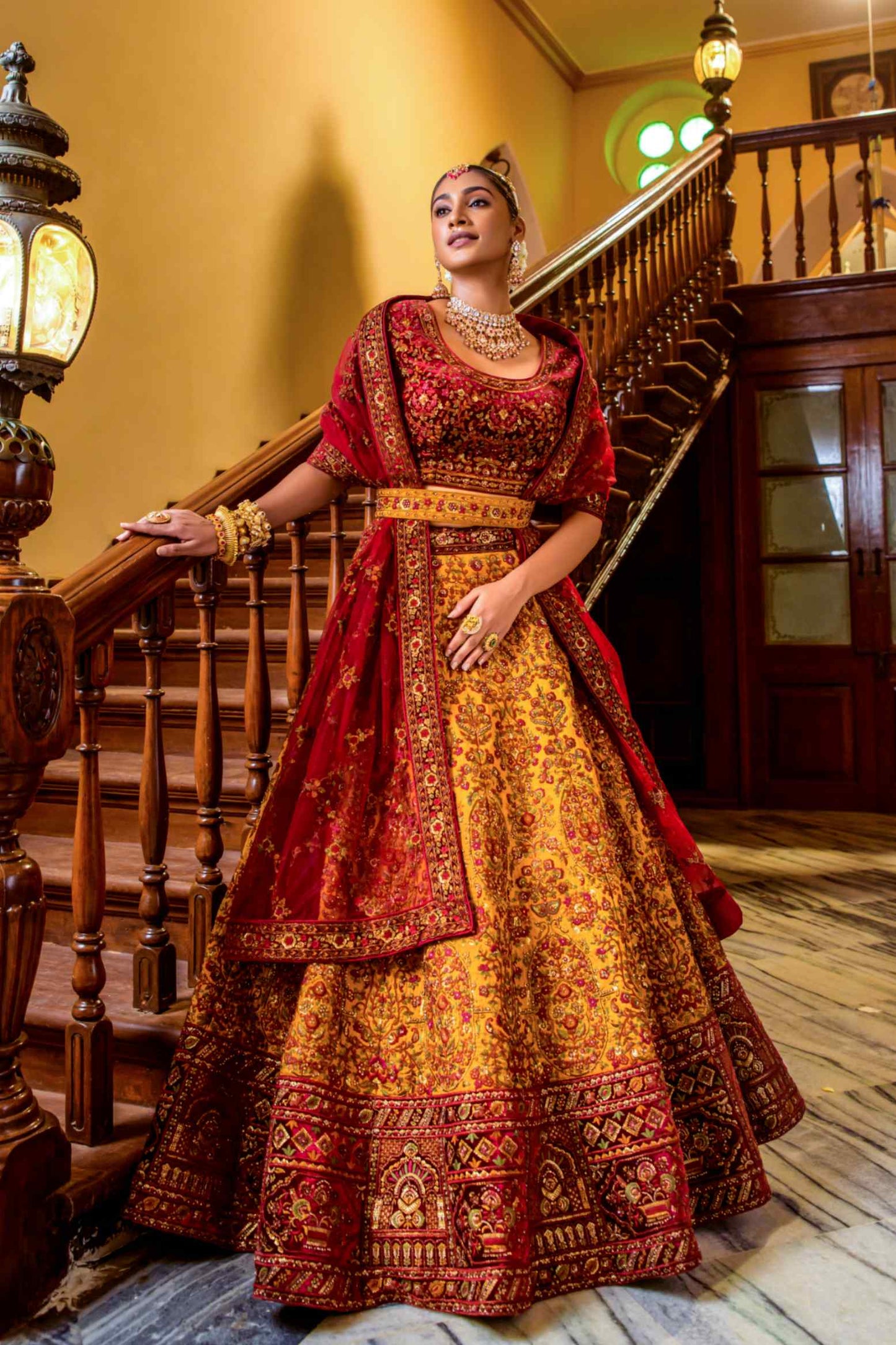 Red, Yellow Velvet Sequins Embroidered Indian Bridal lehenga