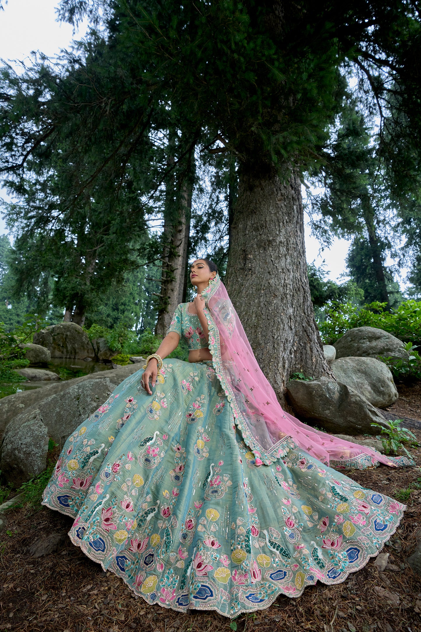 Traditional Green Granite Pure Jari Tissue Circular Lehenga Set with Embroidery, Patchwork, and Handwork