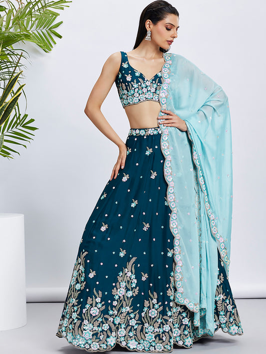 Teal Pure Grorgette Sequins and thread embroidery Lehenga choli