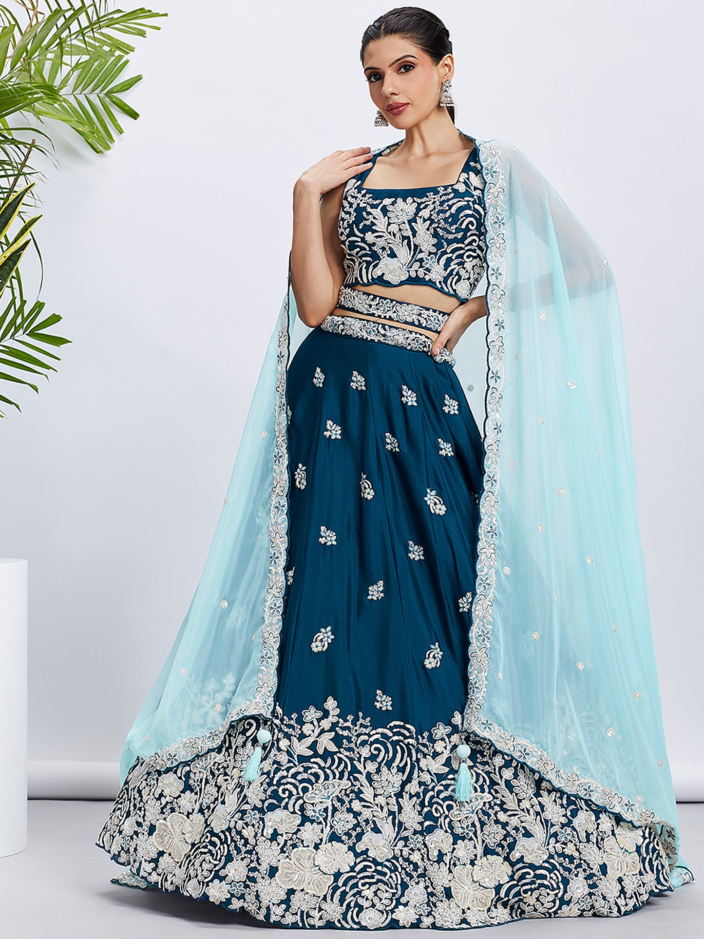 Teal Pure Georgette Sequins and thread embroidery Lehenga choli