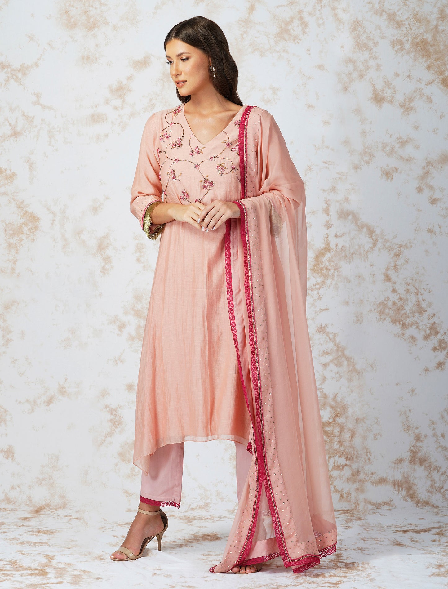 Natural Pink Beaded Flower Asymmetric Kurta Set