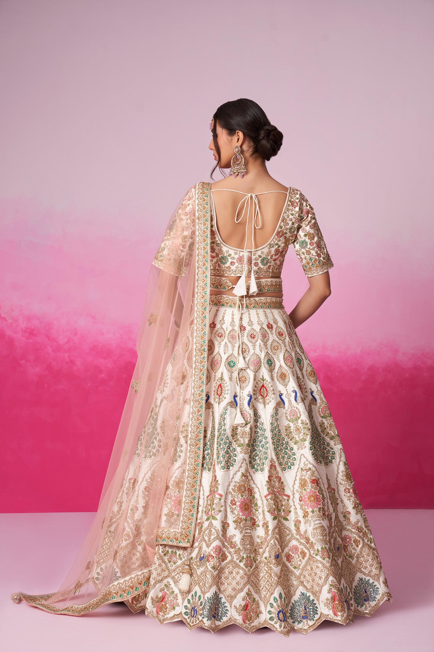 Cream Pure silk Moti, Sequins embroidery Bridal Lehenga choli