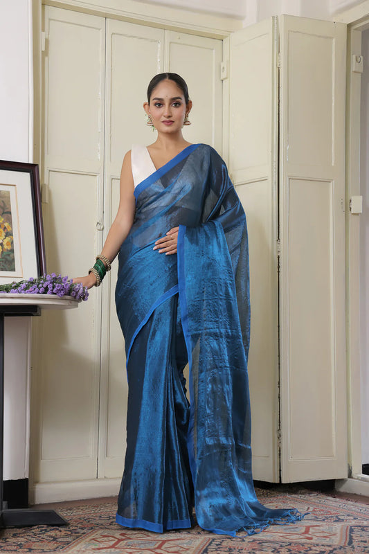 Amaryllis Blue handloom Mul Tissue saree