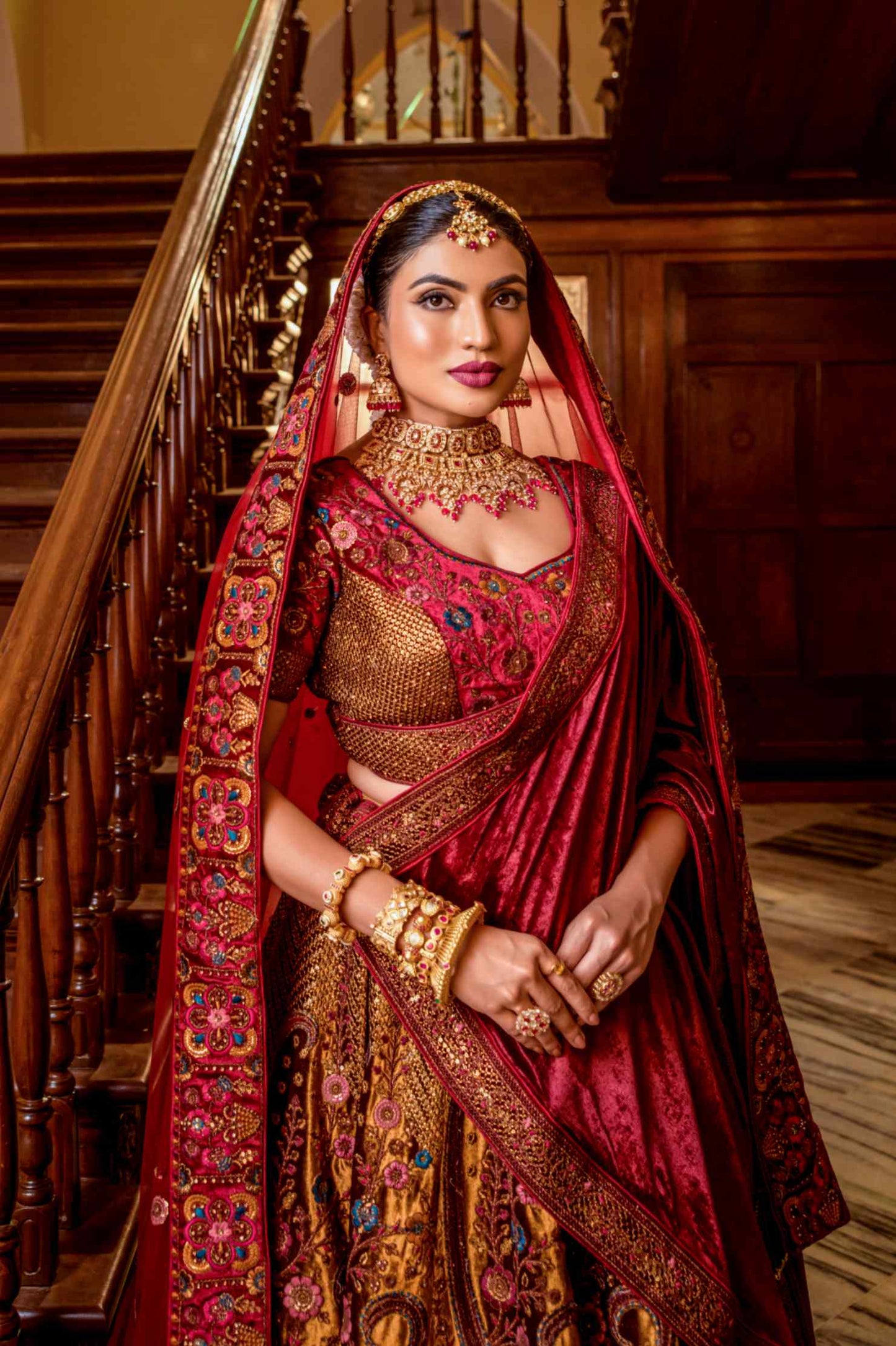 Red Velvet Sequins Embroidered Indian Bridal lehenga