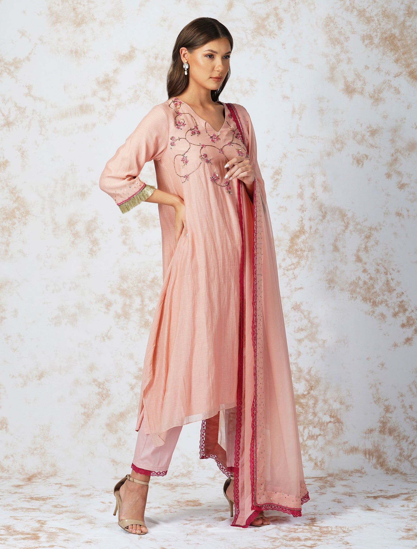 Natural Pink Beaded Flower Asymmetric Kurta Set