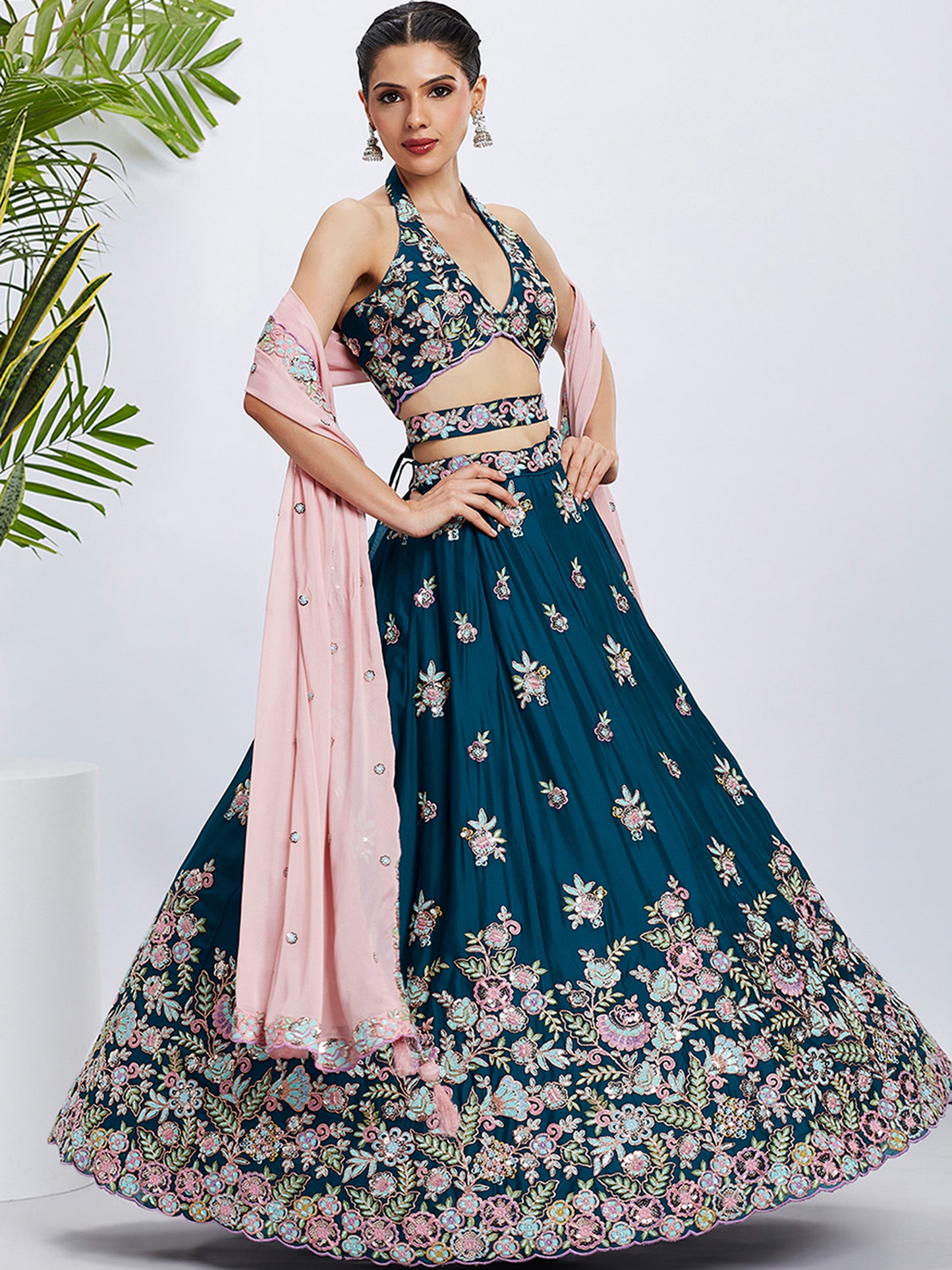 Teal Pure Georgette Sequins and thread embroidery Lehenga choli