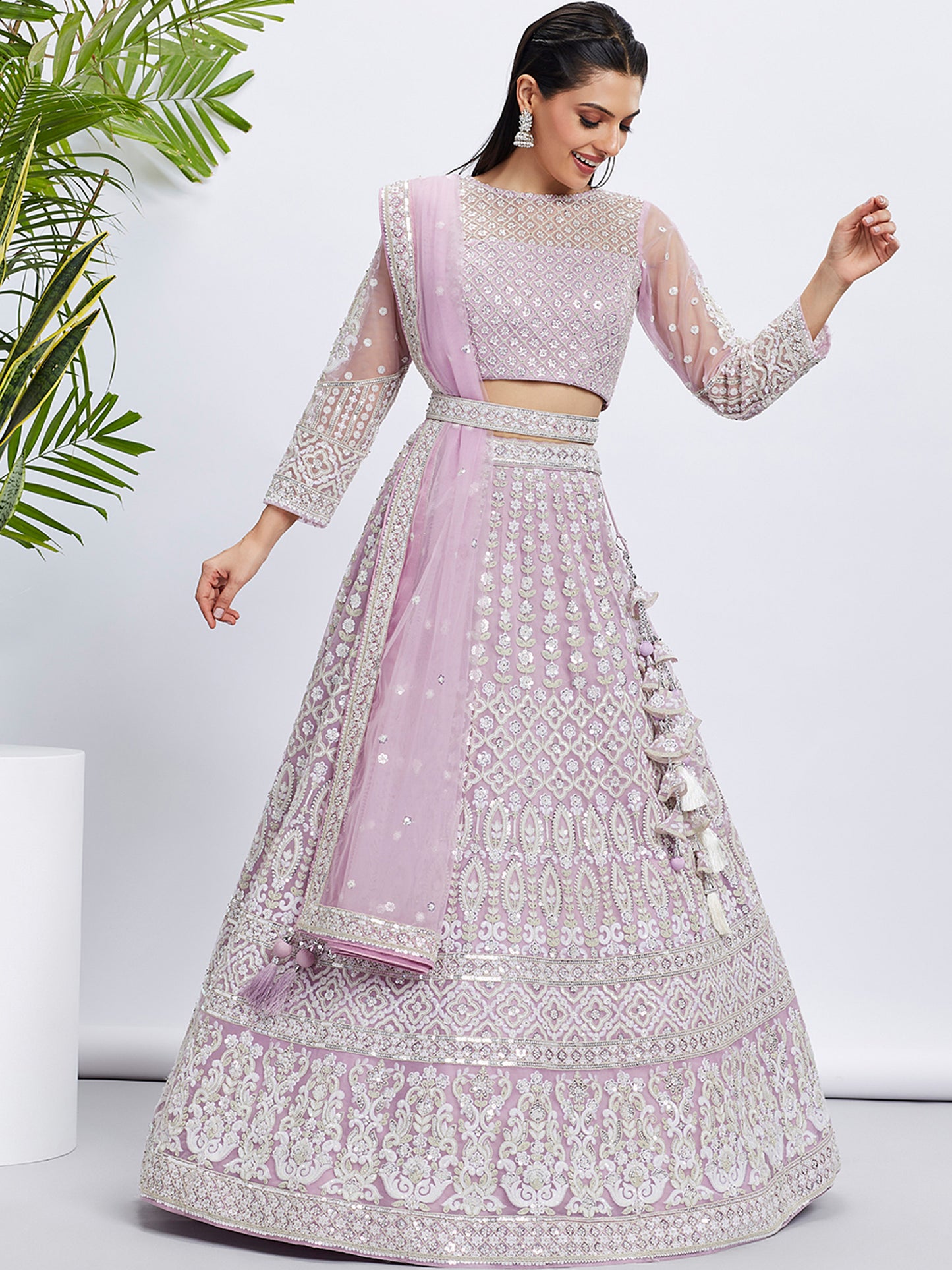 Lavender Net Sequins and thread embroidery Lehenga choli