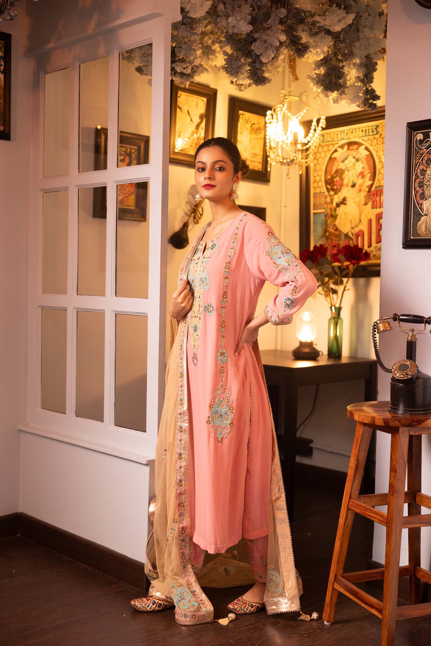 Pietra Dura Pink Georgette  Machine Embroidered Engagement Kurta set