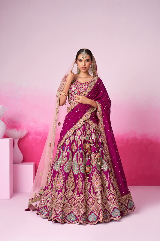 Burgundy Pure silk Moti, Sequins embroidery Bridal Lehenga choli