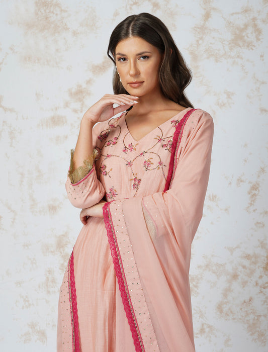 Natural Pink Beaded Flower Asymmetric Kurta Set